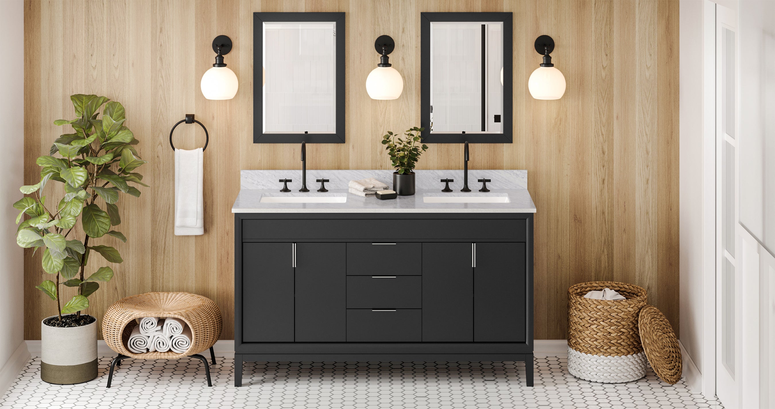 60" Black Theodora Vanity, double bowl, White Carrara Marble Vanity Top, two undermount rectangle bowls | KitchBath