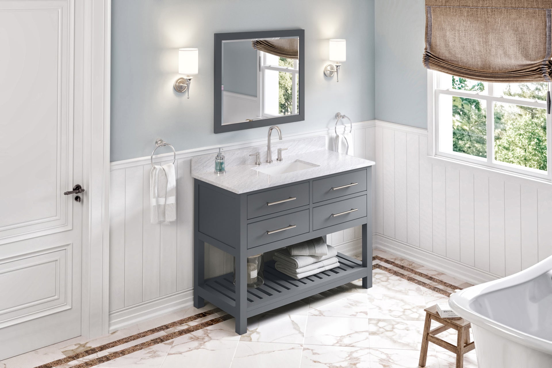 48" Grey Wavecrest Vanity, White Carrara Marble Vanity Top, undermount rectangle bowl
