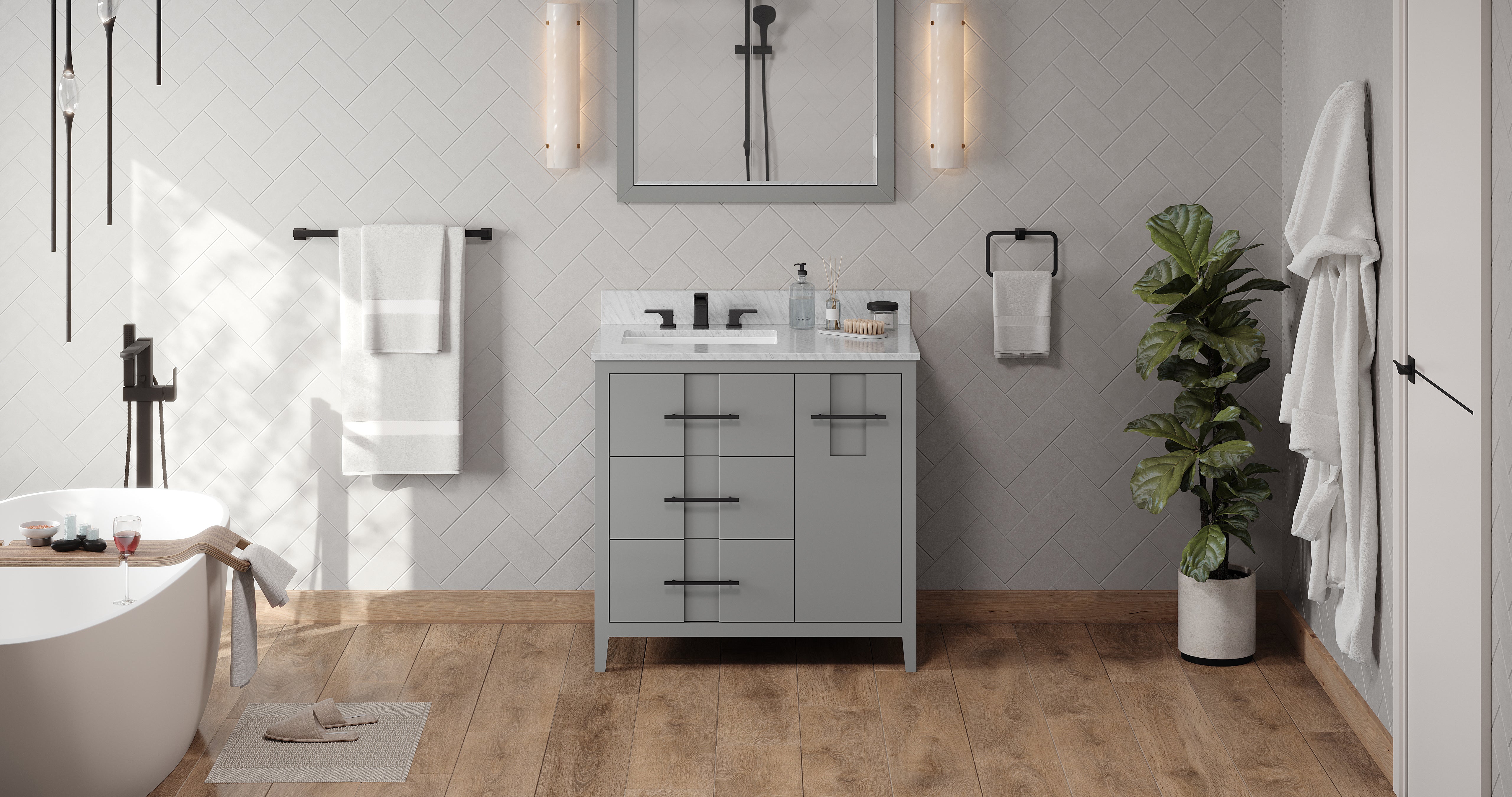 36" Grey Katara Vanity, left offset, White Carrara Marble Vanity Top, undermount rectangle bowl | KitchBath