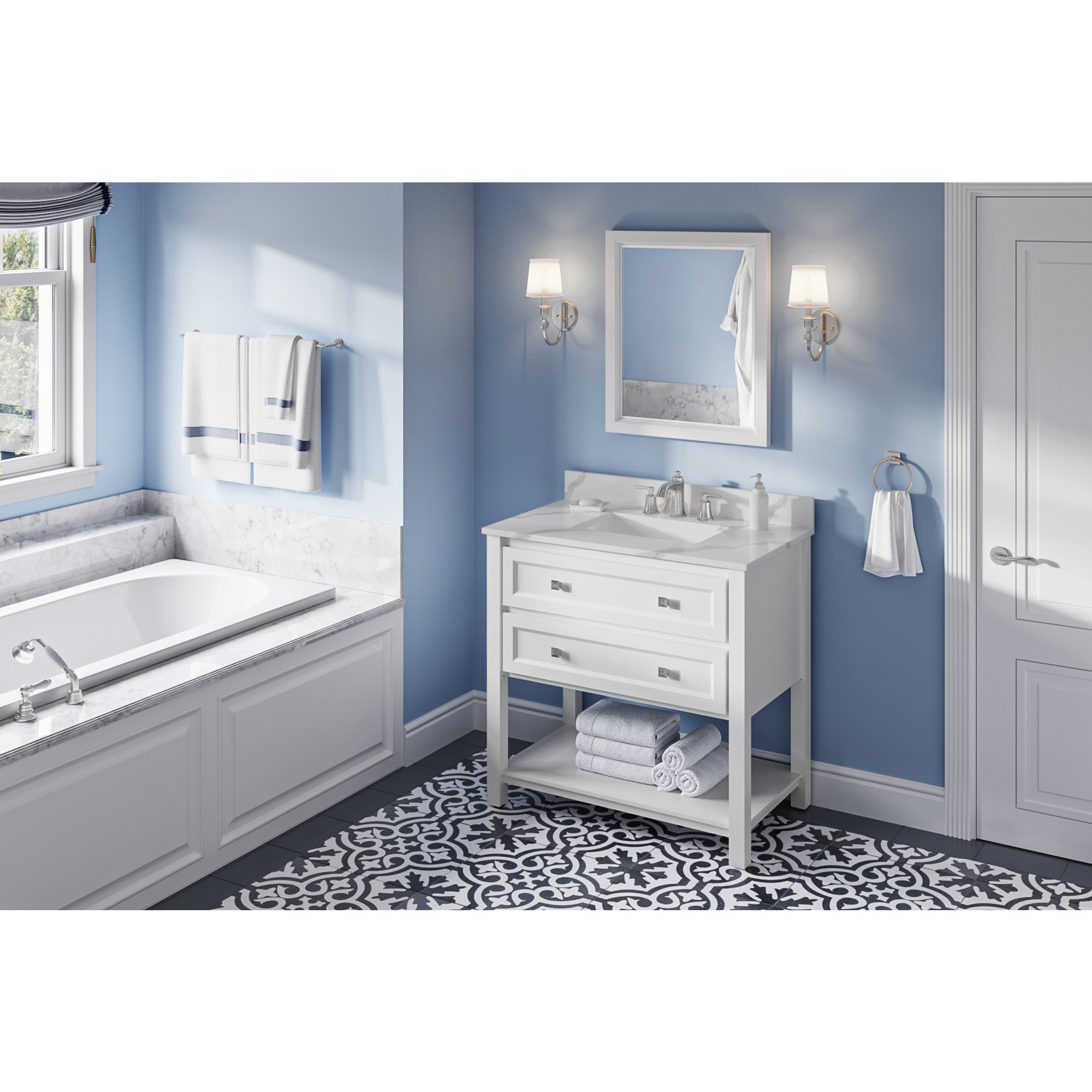 36" White Adler Vanity, Calacatta Vienna Quartz Vanity Top, undermount rectangle bowl | KitchBath