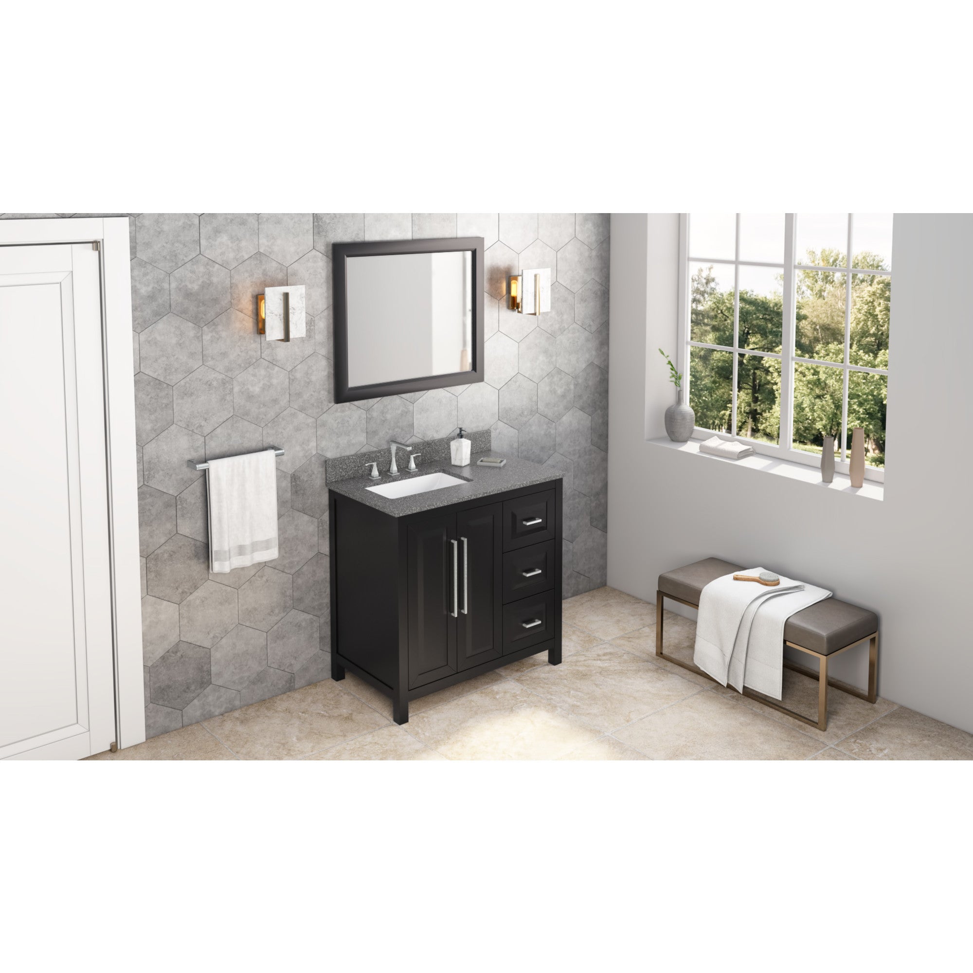 36" Black Cade Vanity, left offset, Boulder Vanity Cultured Marble Vanity Top, undermount rectangle bowl | KitchBath