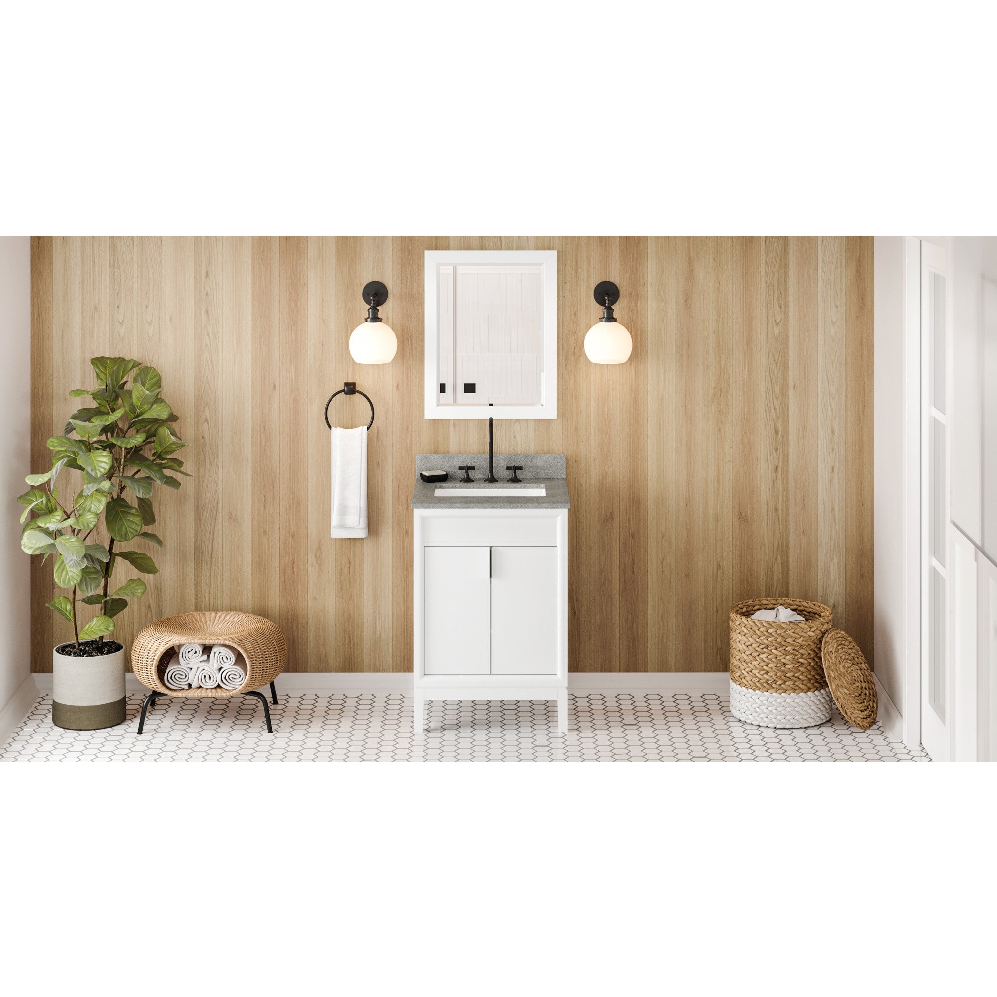 24" White Theodora Vanity, Steel Grey Cultured Marble Vanity Top, undermount rectangle bowl | KitchBath