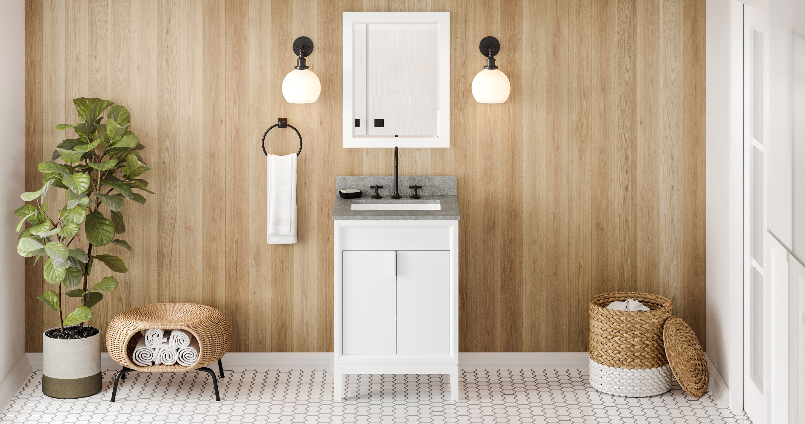 24" White Theodora Vanity, Steel Grey Cultured Marble Vanity Top, undermount rectangle bowl | KitchBath