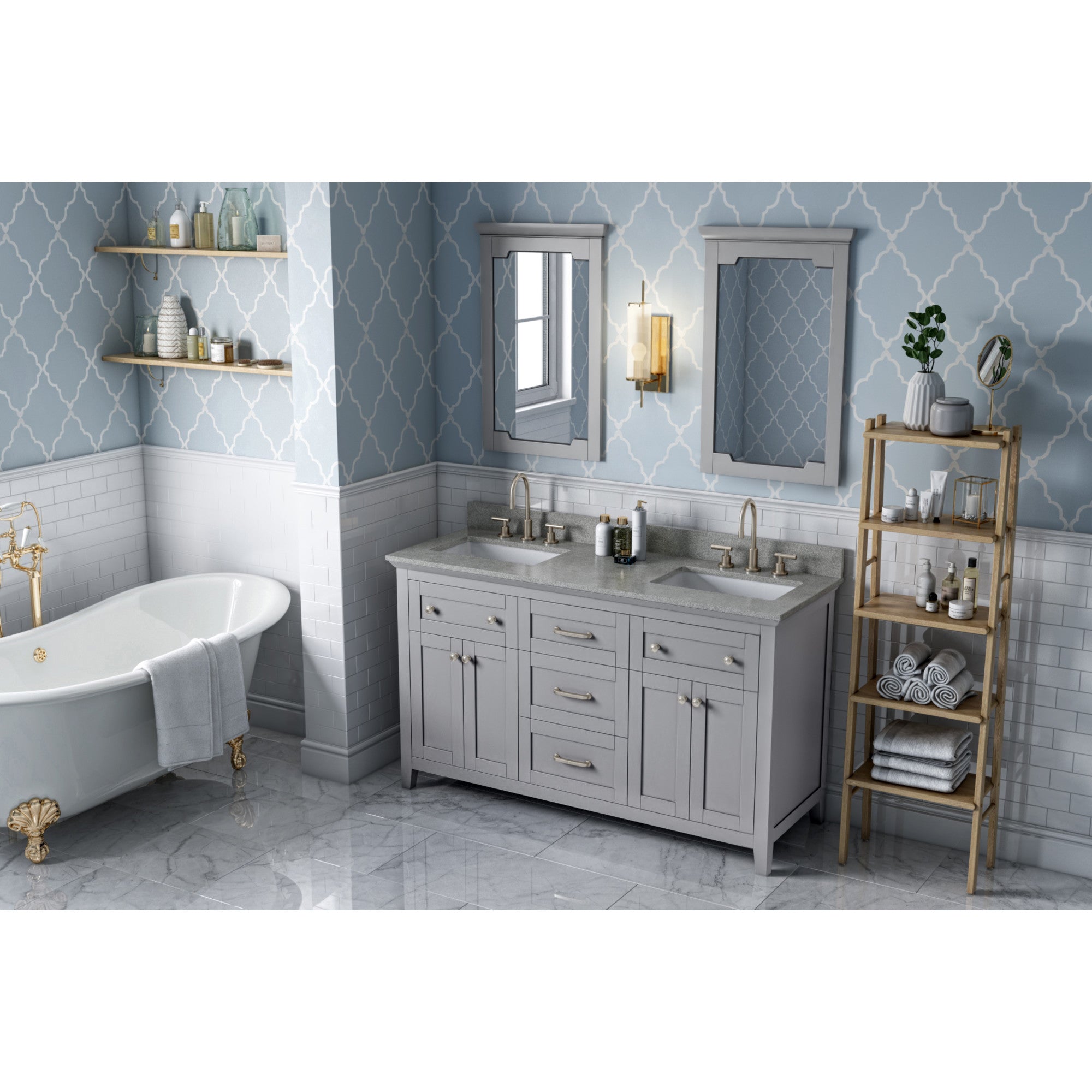 60" Grey Chatham Vanity, double bowl, Steel Grey Cultured Marble Vanity Top, two undermount rectangle bowls | KitchBath