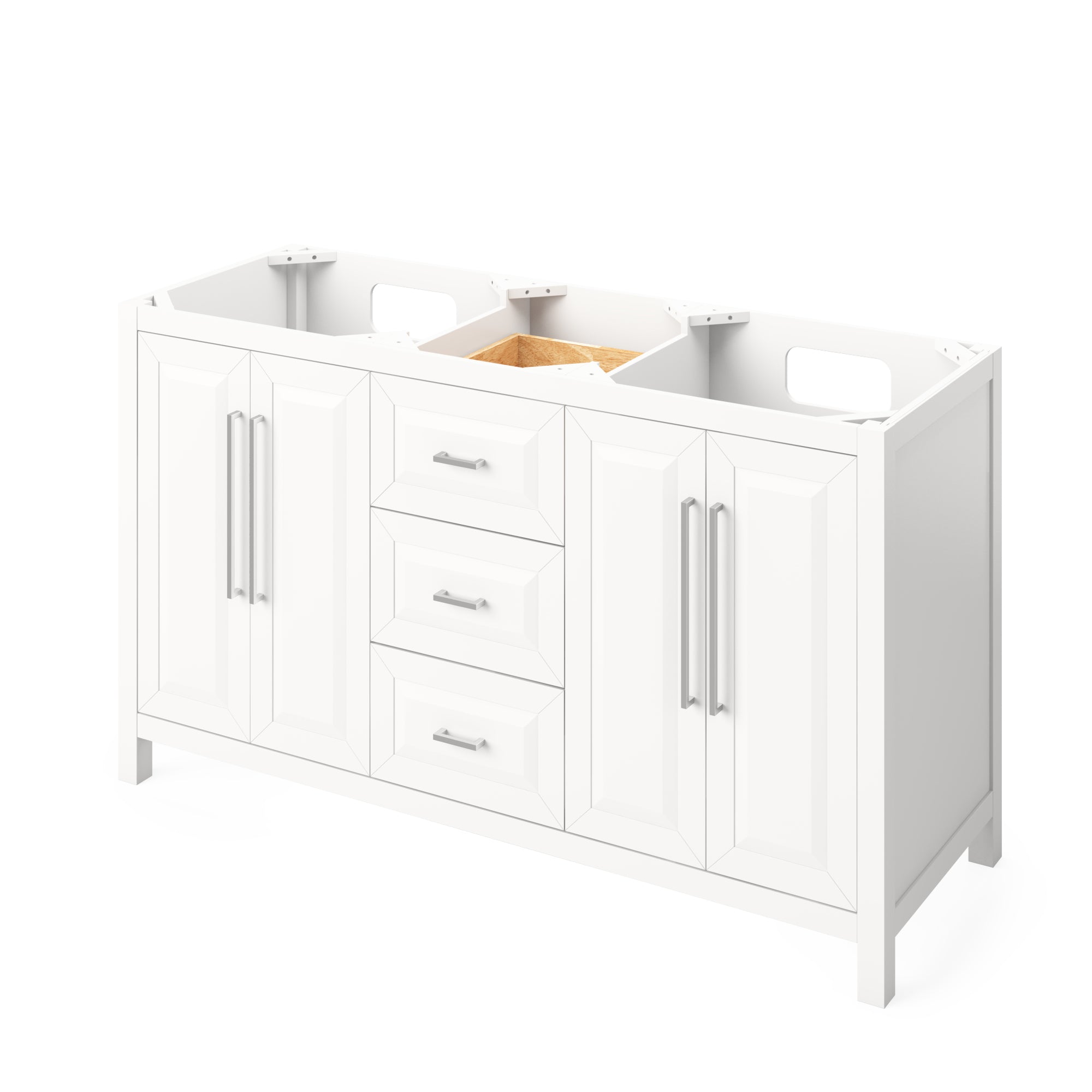 60" White Cade Vanity, double bowl, Boulder Cultured Marble Vanity Top, undermount rectangle bowl | KitchBath