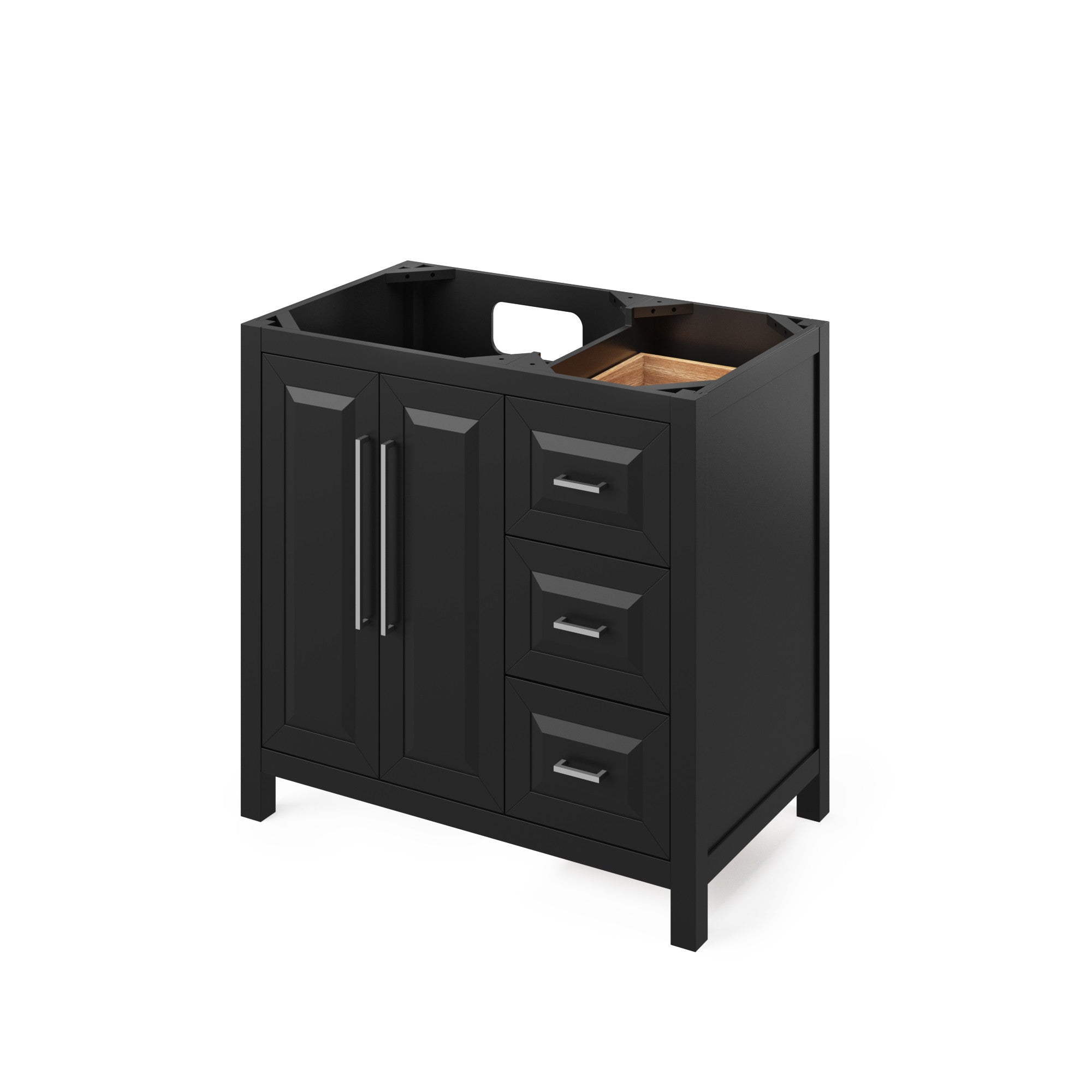 36" Black Cade Vanity, left offset, White Carrara Marble Vanity Top, undermount rectangle bowl | KitchBath