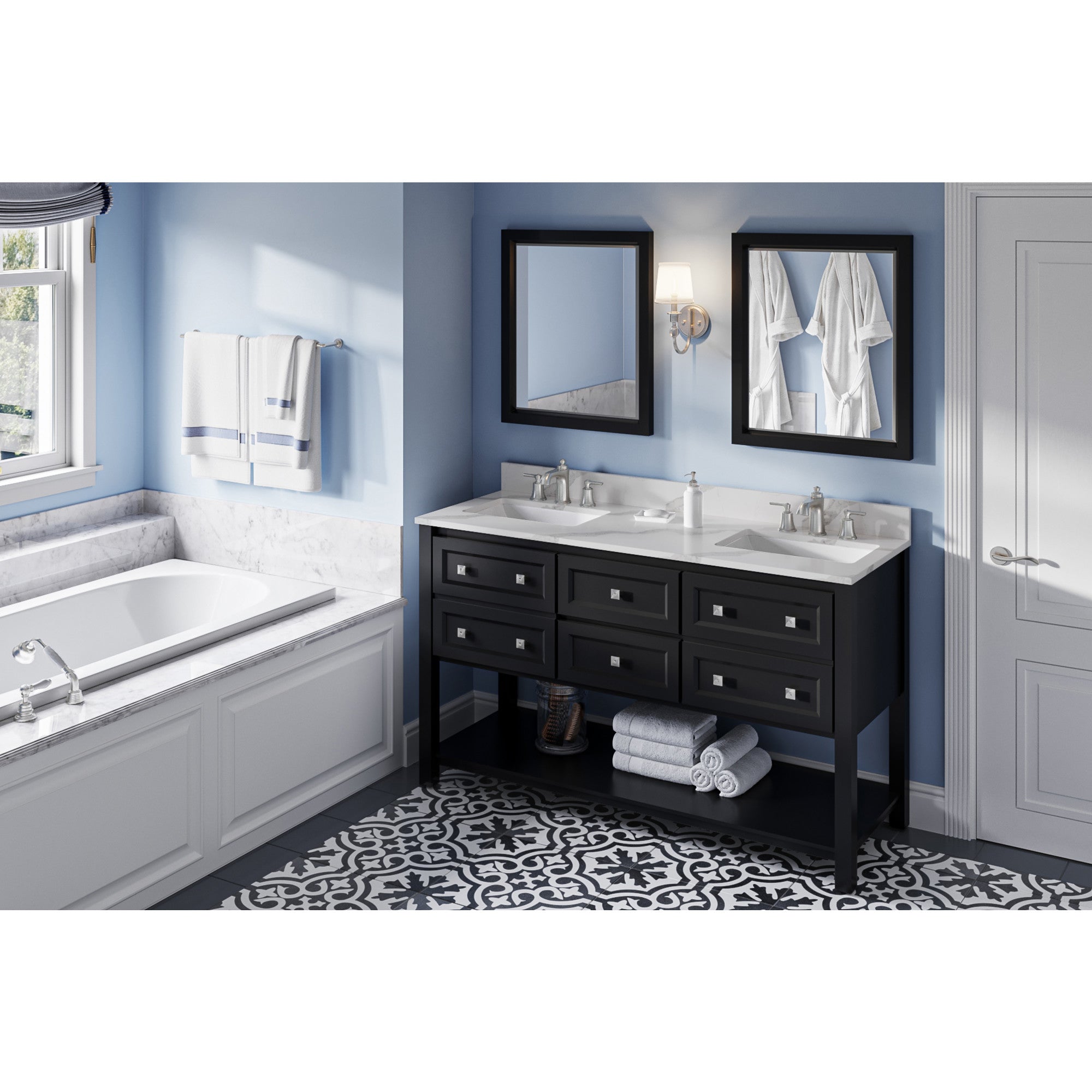 60" Black Adler Vanity, double bowl, Calacatta Vienna Quartz Vanity Top, two undermount rectangle bowls | KitchBath