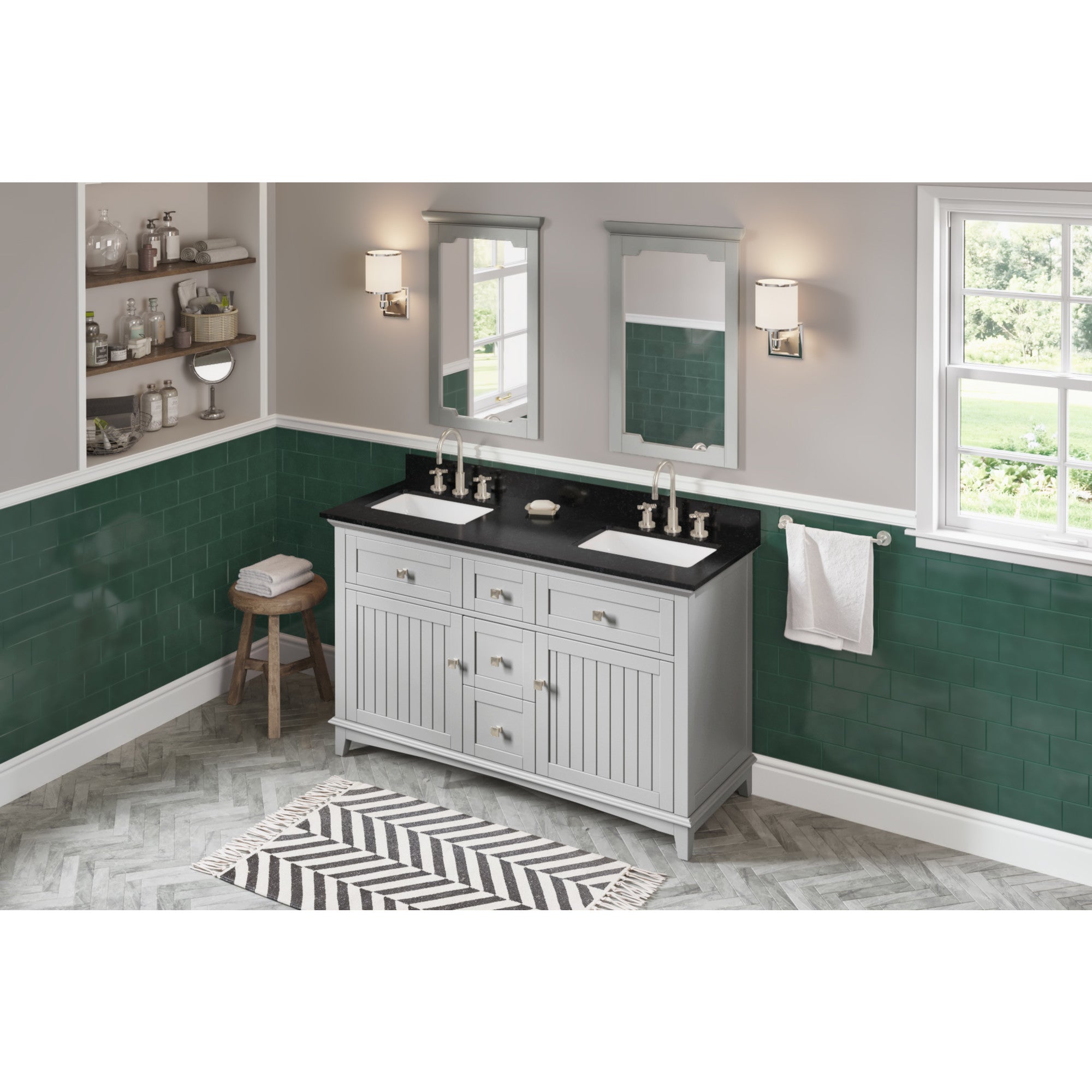 60" Grey Savino Vanity, double bowl, Black Granite Vanity Top, two undermount rectangle bowls | KitchBath