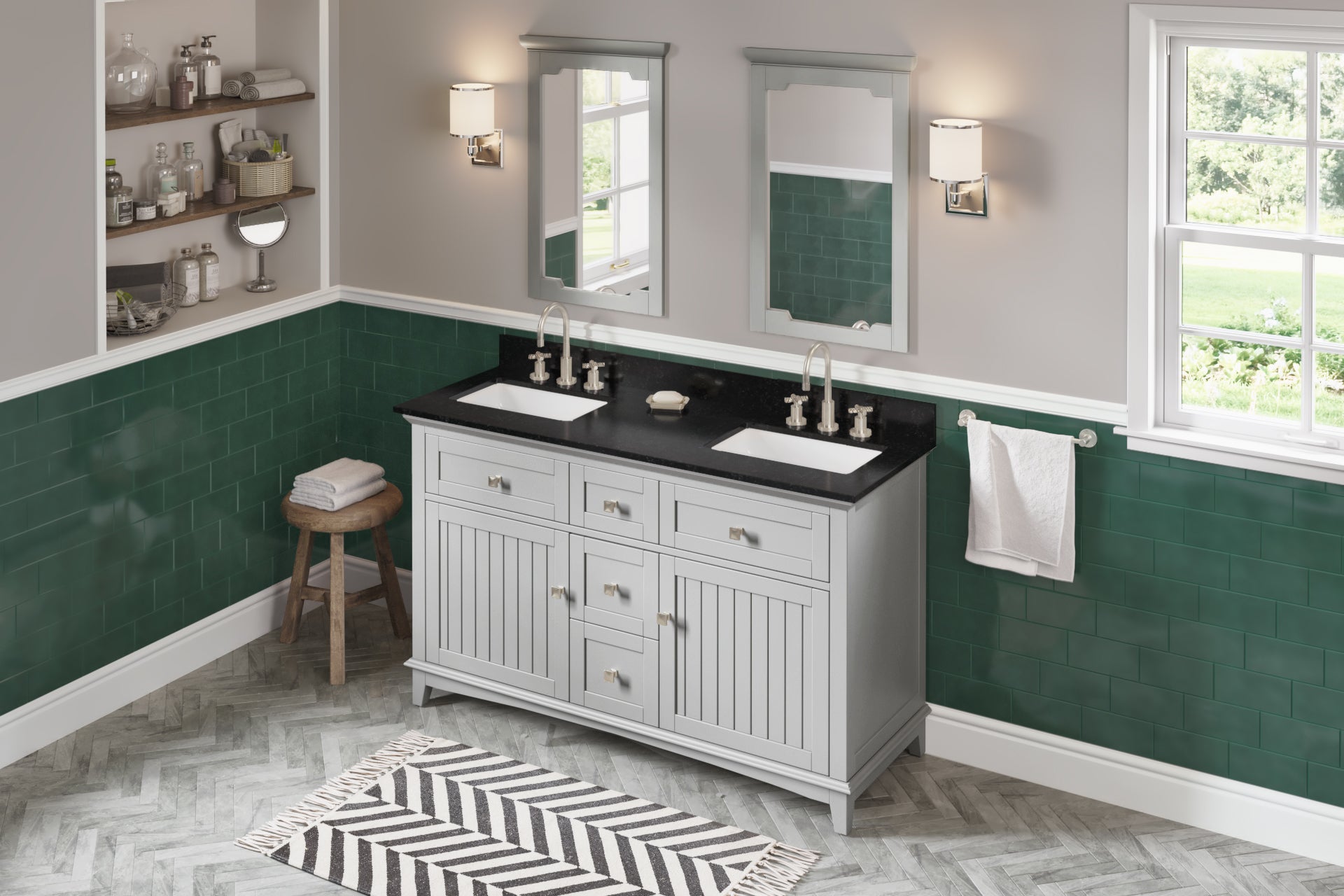 60" Grey Savino Vanity, double bowl, Black Granite Vanity Top, two undermount rectangle bowls | KitchBath