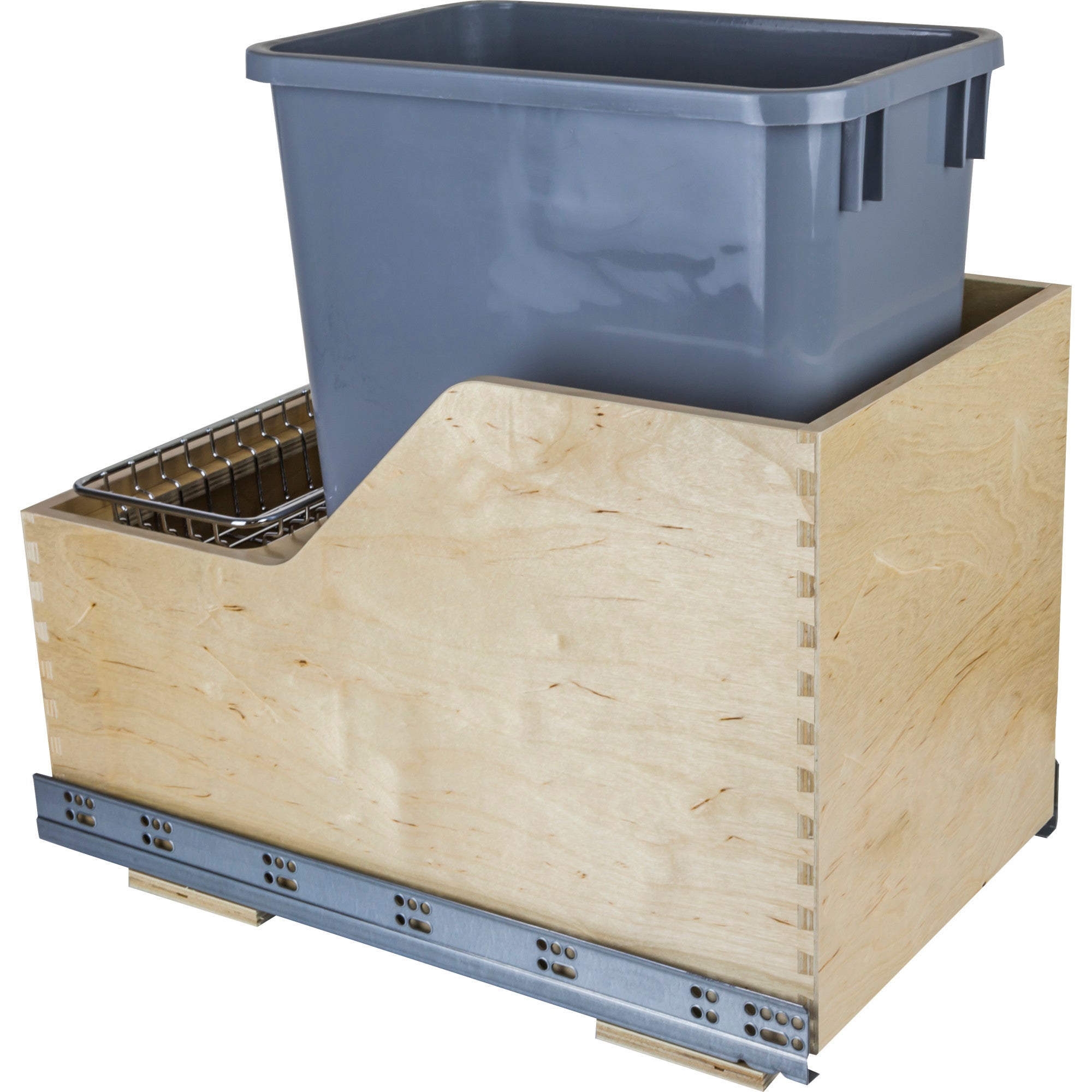 Single 35 Quart Wood Bottom-Mount Soft-close Trashcan Rollout for Hinged Doors, Includes Grey Can | KitchBath