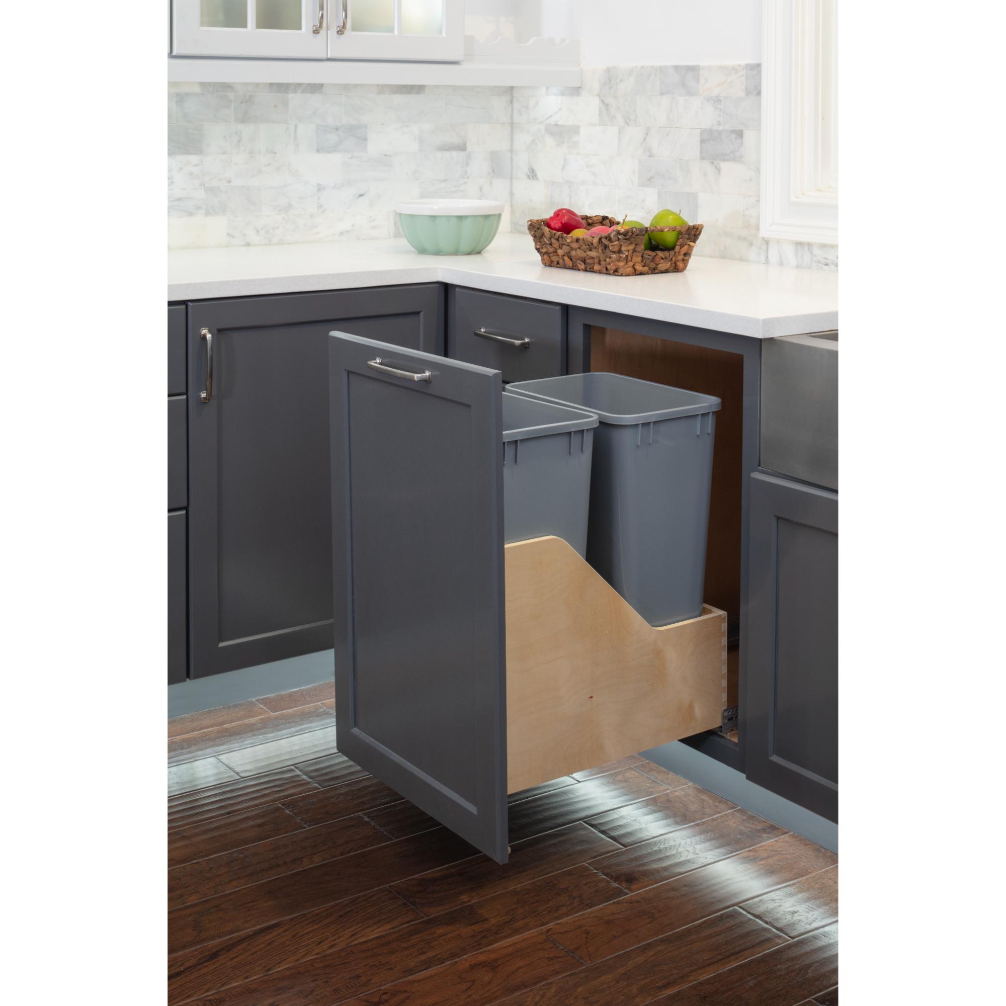 Double 50 Quart Wood Bottom-Mount Soft-close Trashcan Rollout for Door Mounting, Includes Two Grey Cans | KitchBath