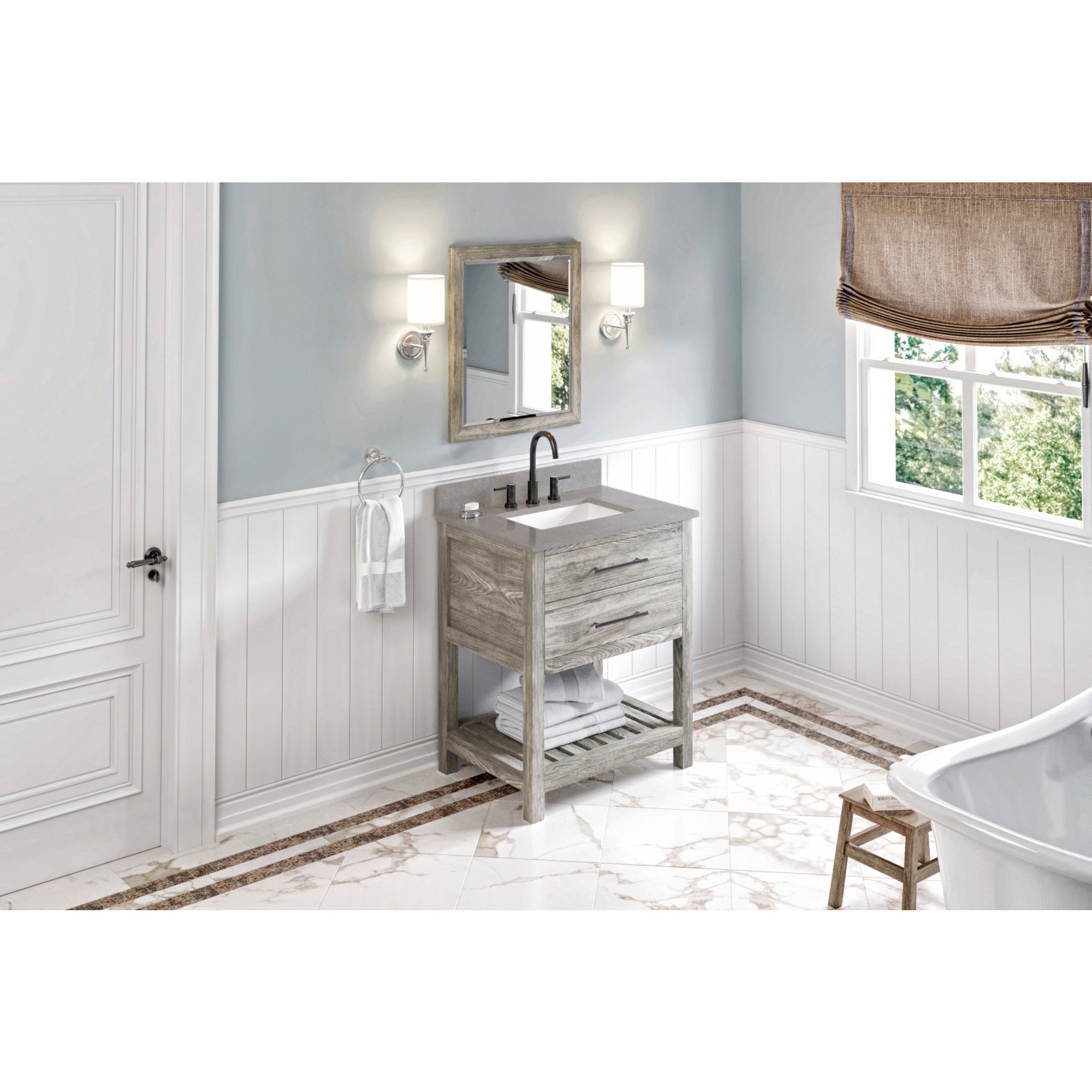 30" Weathered Grey Wavecrest Vanity, Steel Grey Cultured Marble Vanity Top, undermount rectangle bowl | KitchBath