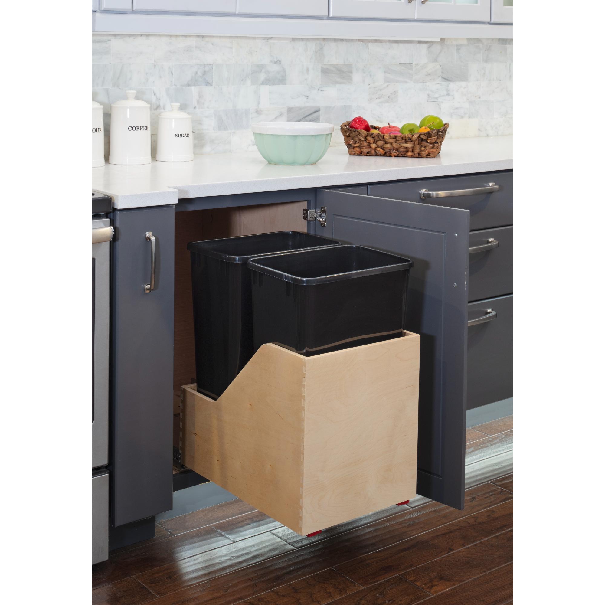 Double 50 Quart Wood Bottom-Mount Soft-close Trashcan Rollout for Hinged Doors, Includes Two Black Cans | KitchBath