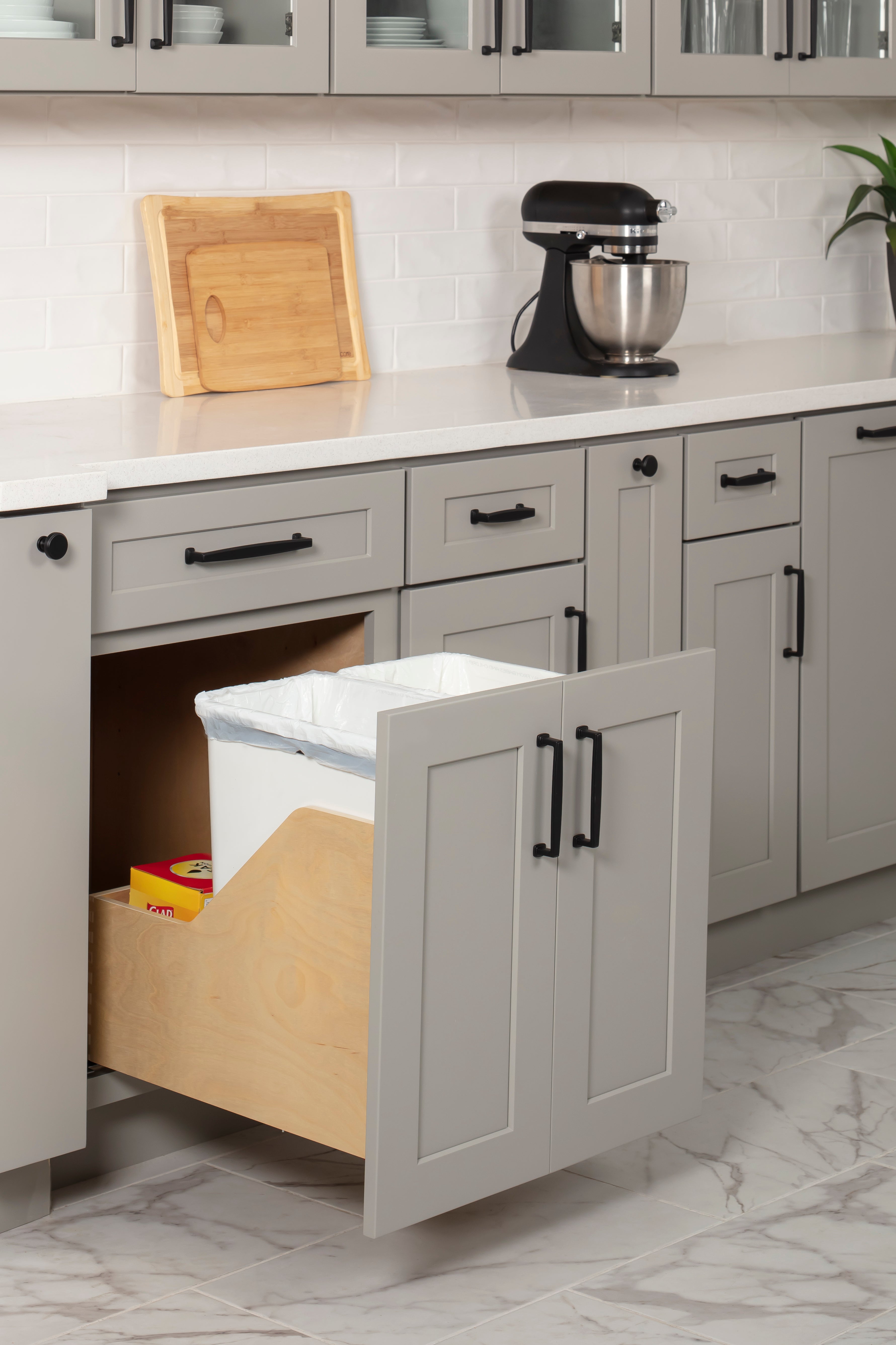 Double 35 Quart Wood Bottom-Mount Soft-close Trashcan Rollout for Door Mounting, Includes Two White Cans and Door Joining Bracket | KitchBath