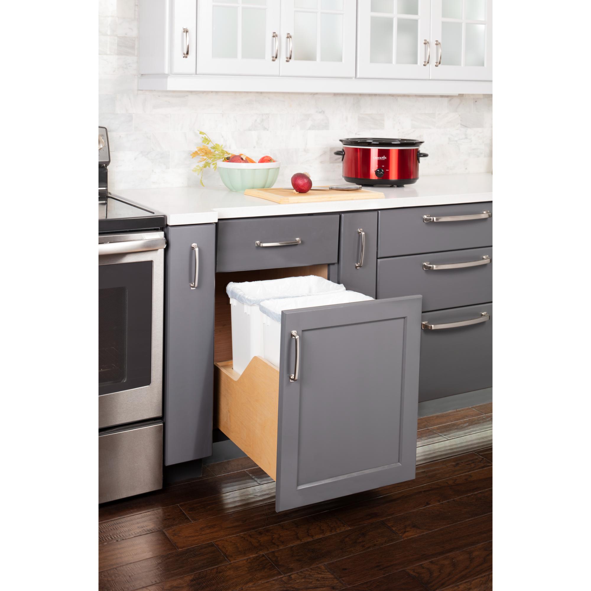 Double 35 Quart Wood Bottom-Mount Soft-close Trashcan Rollout for Door Mounting, Includes Two White Cans | KitchBath