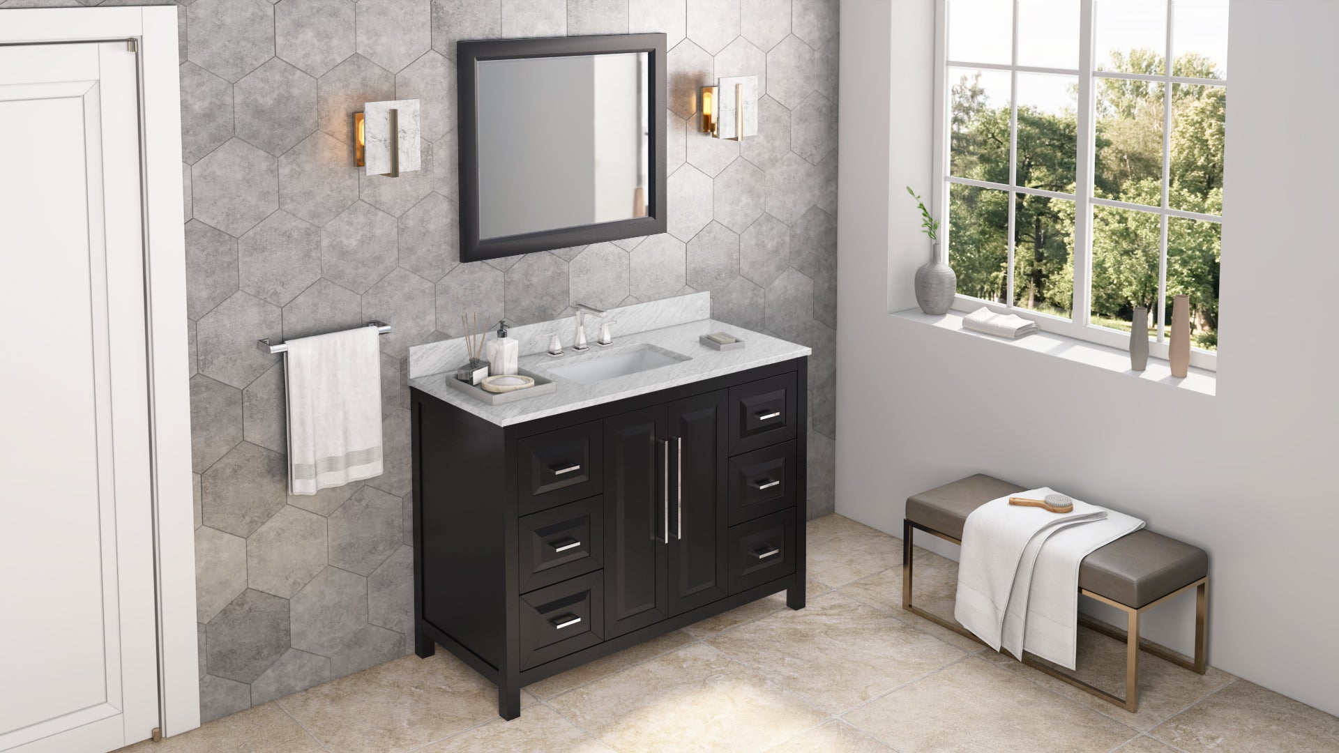 48" Black Cade Vanity, White Carrara Marble Vanity Top, undermount rectangle bowl