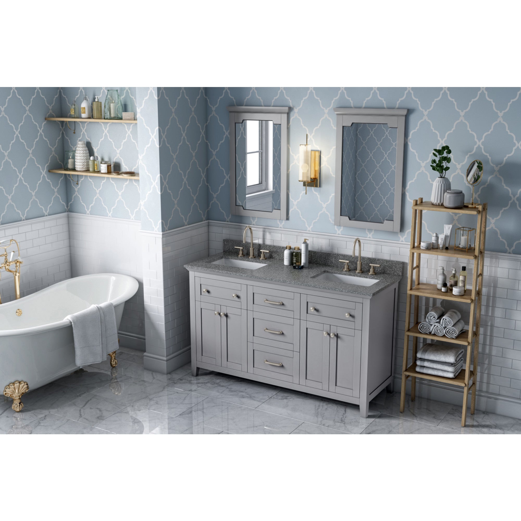 60" Grey Chatham Vanity, double bowl, Boulder Cultured Marble Vanity Top, two undermount rectangle bowls | KitchBath