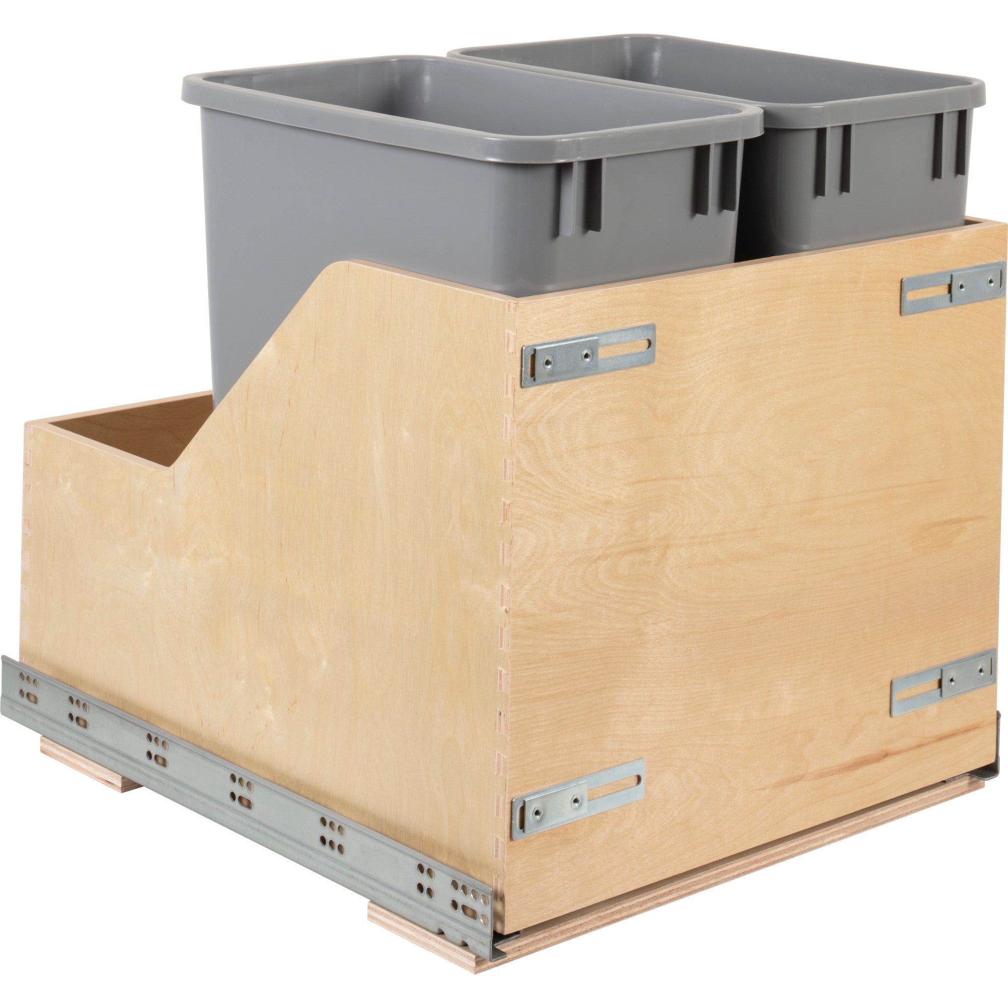Double 35 Quart Wood Bottom-Mount Soft-close Trashcan Rollout for Door Mounting, Includes Two Grey Cans and Door Joining Bracket | KitchBath