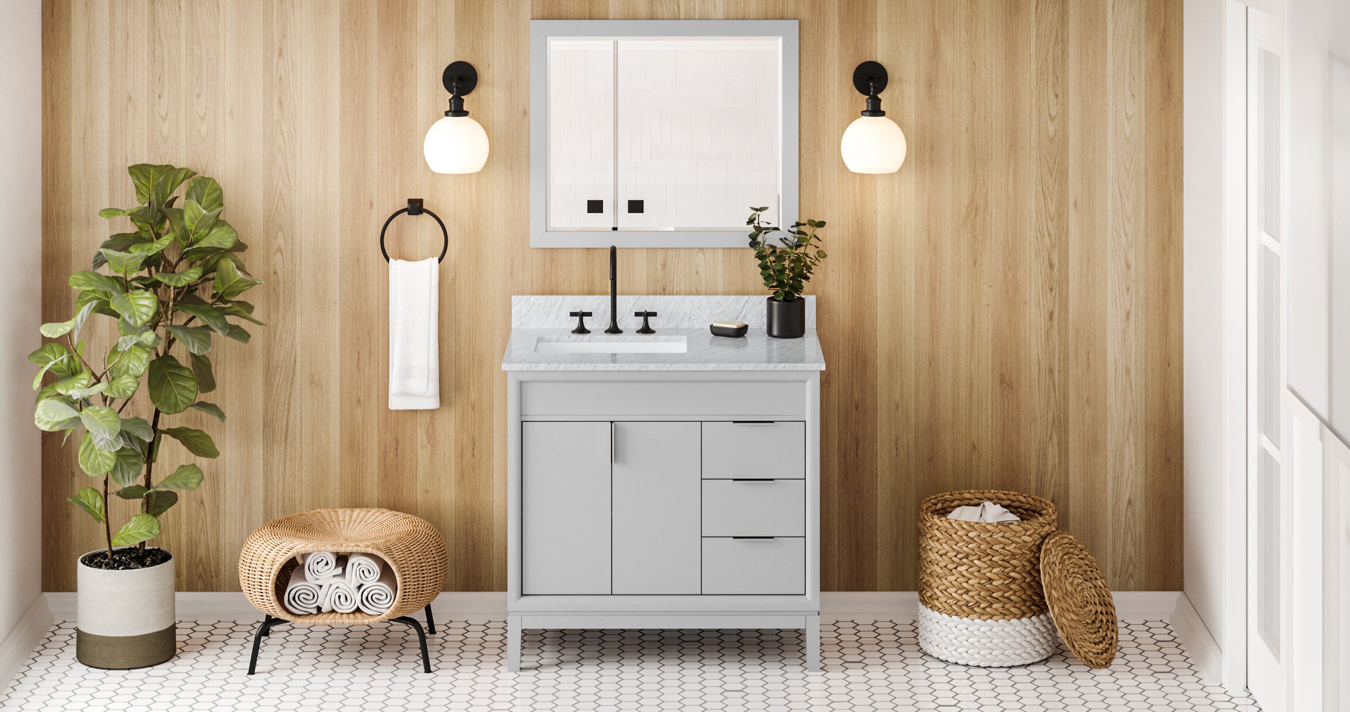 36" Grey Theodora Vanity, left offset, White Carrara Marble Vanity Top, undermount rectangle bowl | KitchBath
