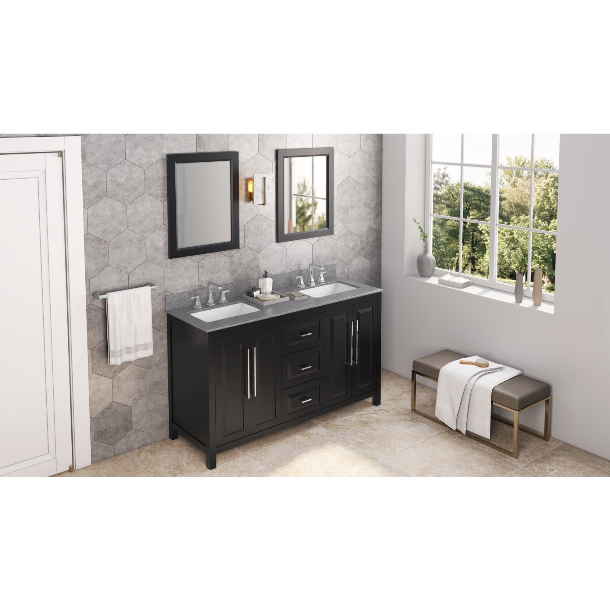 60" Black Cade Vanity, double bowl, Steel Grey Cultured Marble Vanity Top, two undermount rectangle bowls | KitchBath