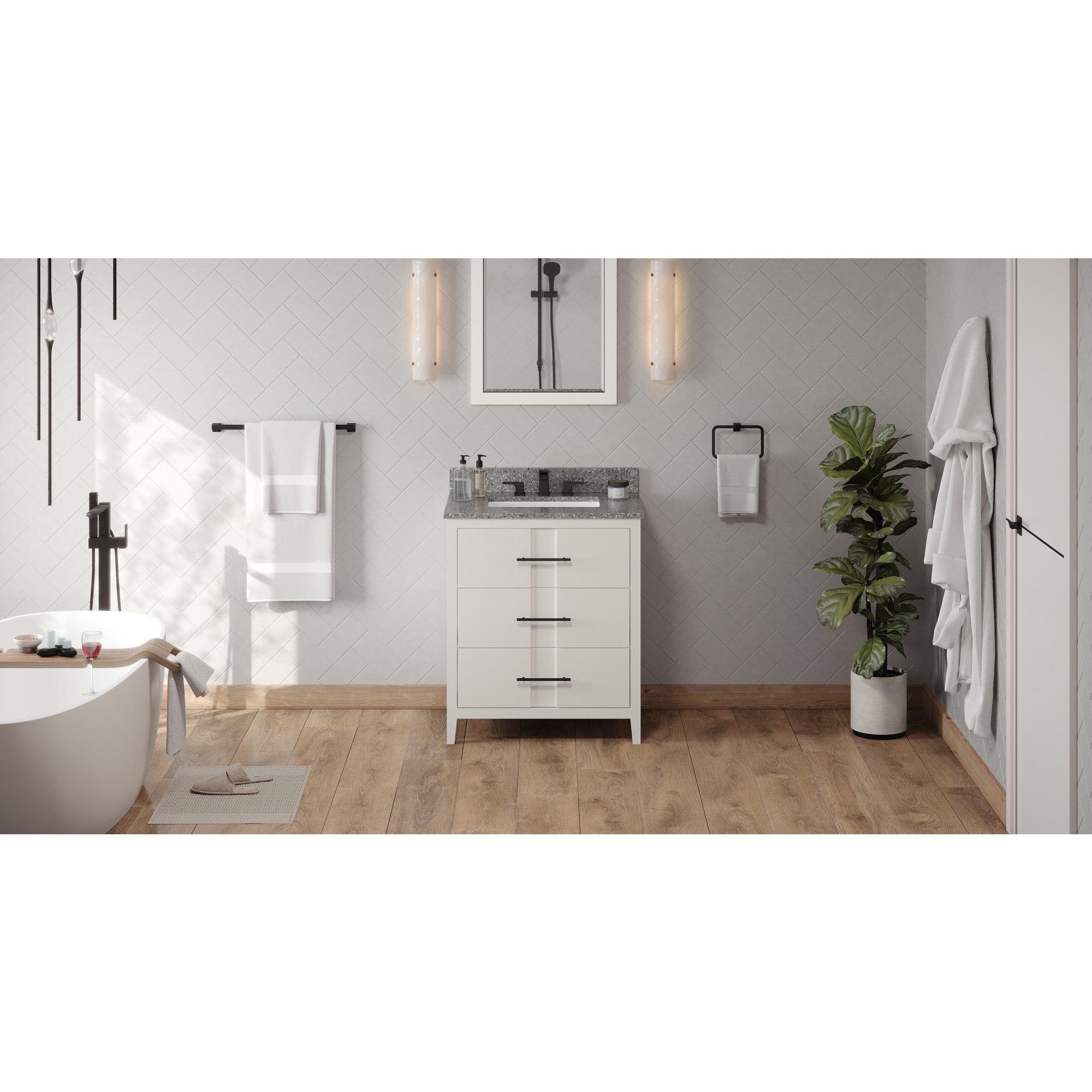 30" White Katara Vanity, Boulder Cultured Marble Vanity Top, undermount rectangle bowl | KitchBath
