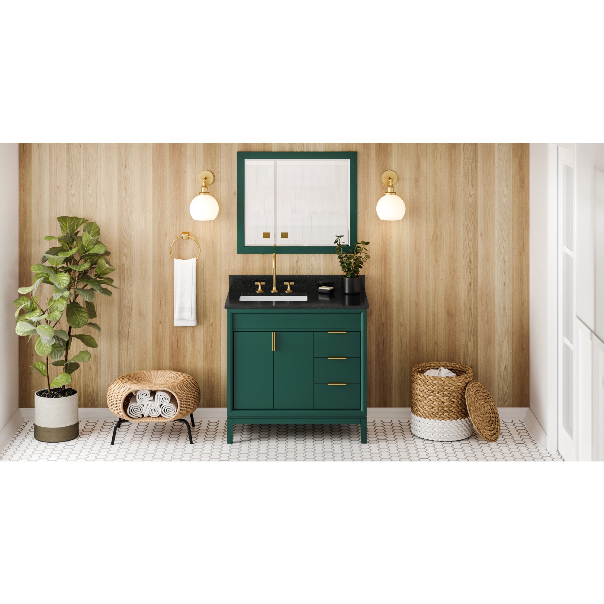 36" Forest Green Theodora Vanity, left offset, Black Granite Vanity Top, undermount rectangle bowl | KitchBath