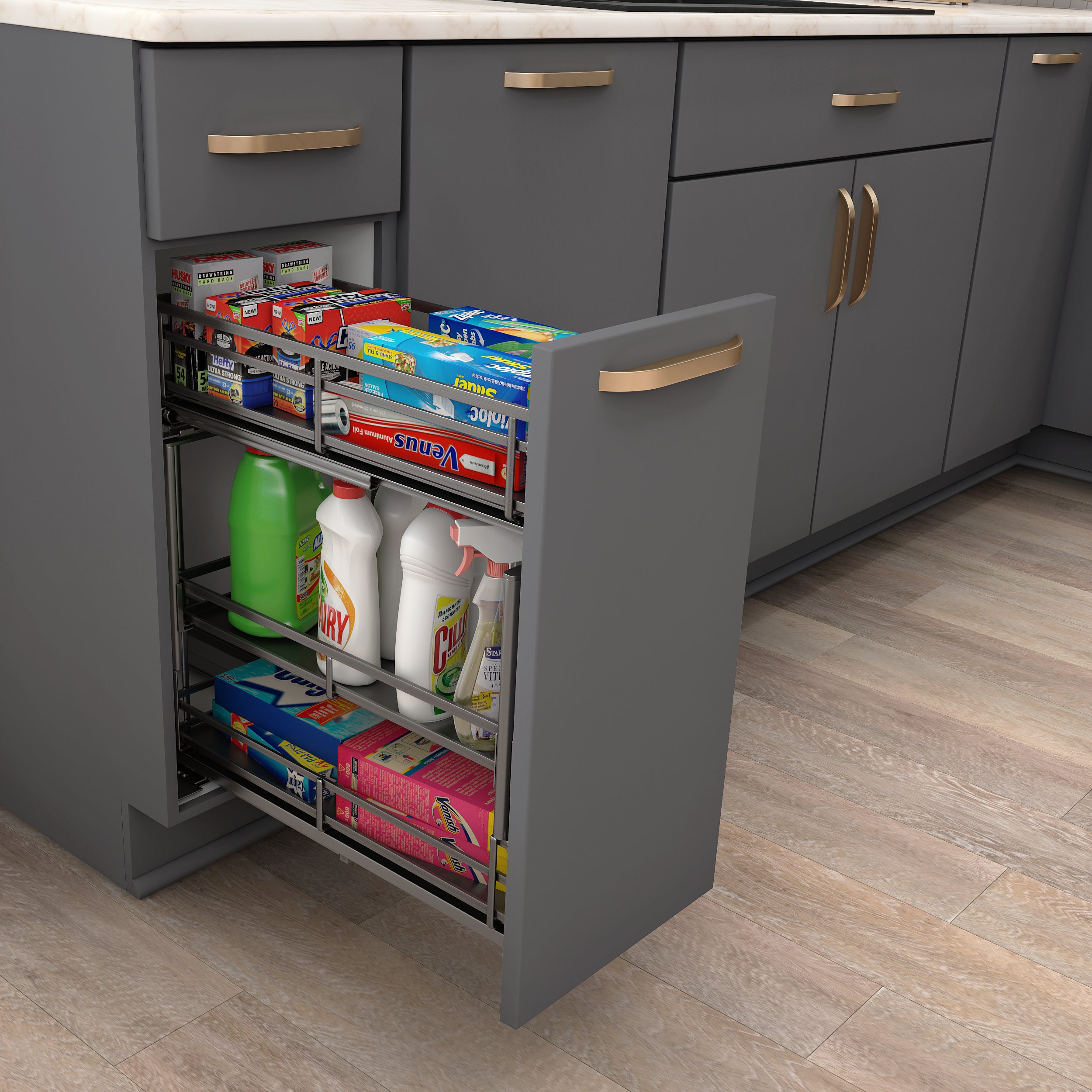 8" Black Nickel STORAGE WITH STYLE® Metal "No Wiggle" Under Drawer Soft-close Base Pullout | KitchBath