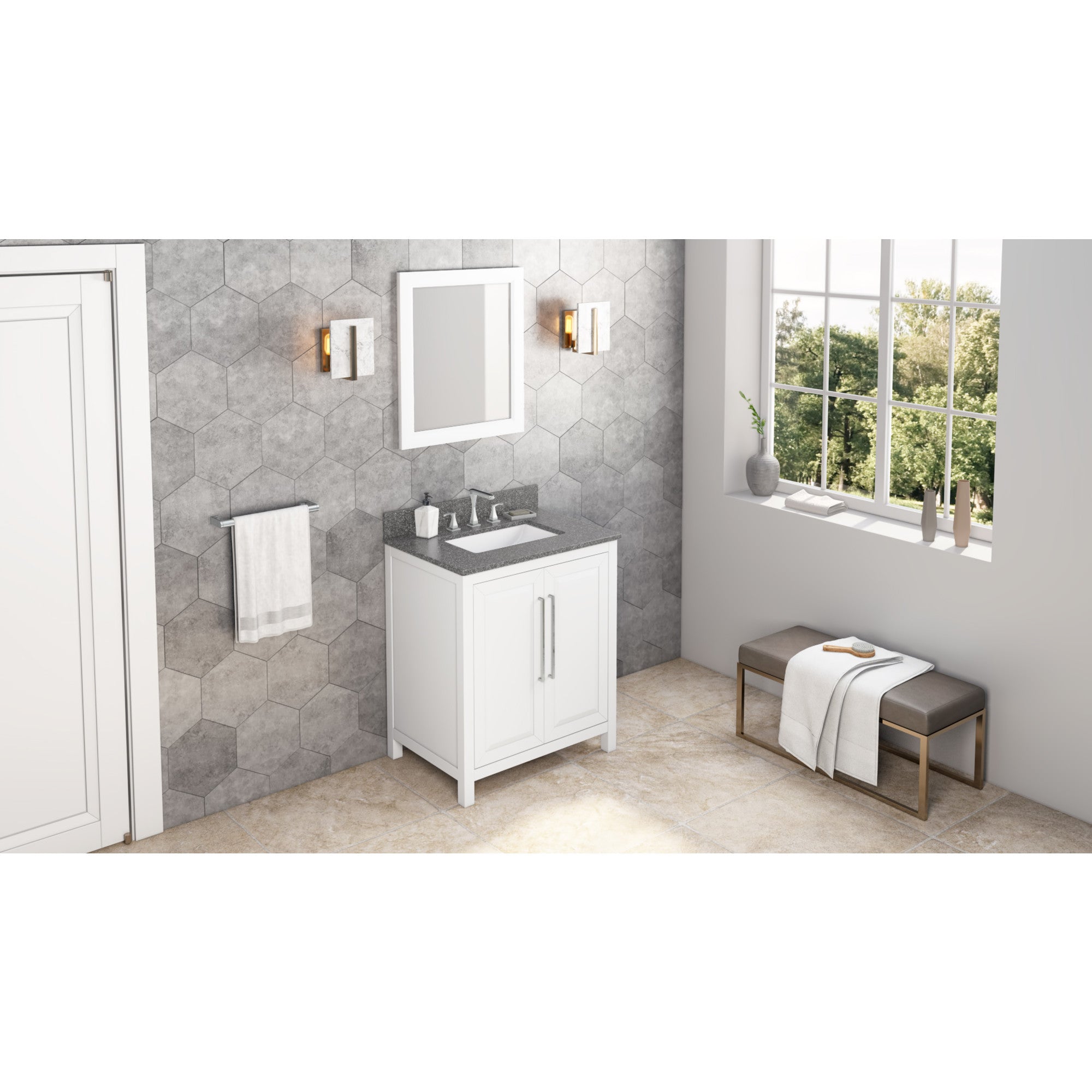 30" White Cade Vanity, Boulder Cultured Marble Vanity Top, undermount rectangle bowl | KitchBath