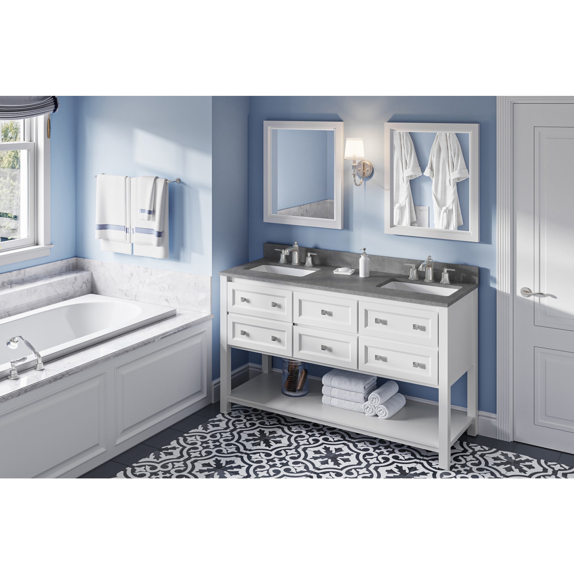 60" White Adler Vanity, double bowl, Steel Grey Cultured Marble Vanity Top, two undermount rectangle bowls | KitchBath