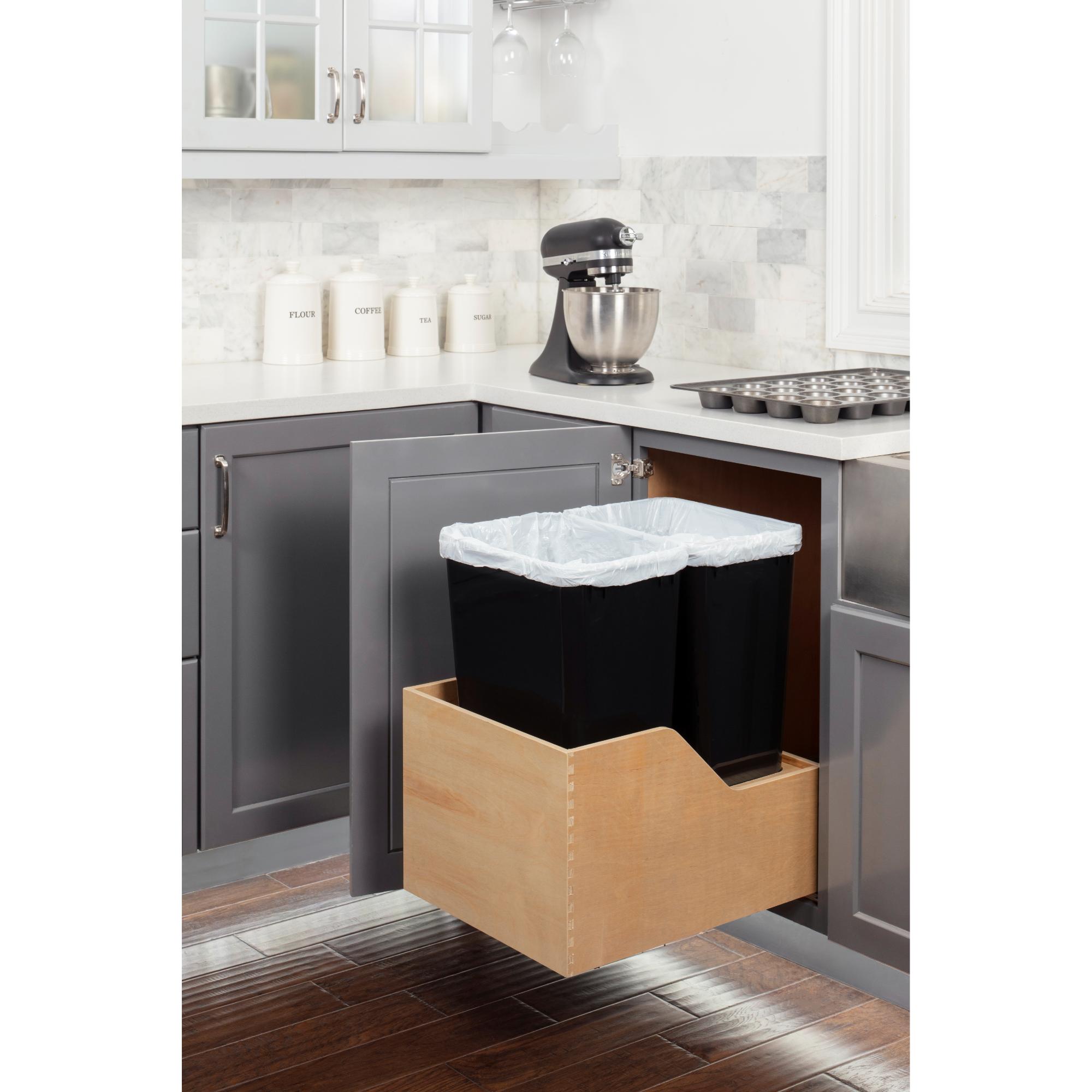 Double 50 Quart Wood Bottom-Mount Soft-close Trashcan Rollout for Hinged Doors, Includes Two Black Cans | KitchBath