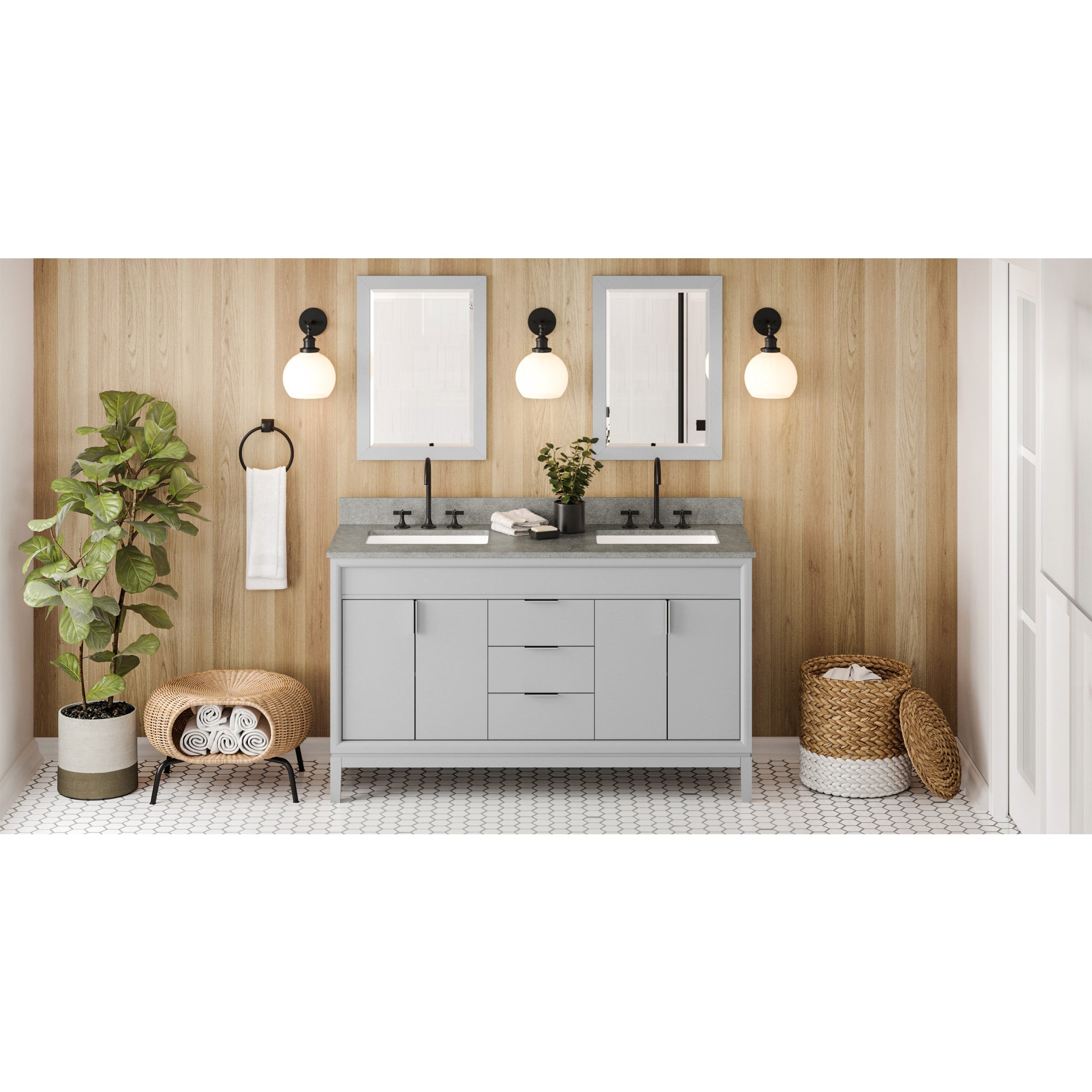 60" Grey Theodora Vanity, double bowl, Steel Grey Cultured Marble Vanity Top, two undermount rectangle bowls | KitchBath