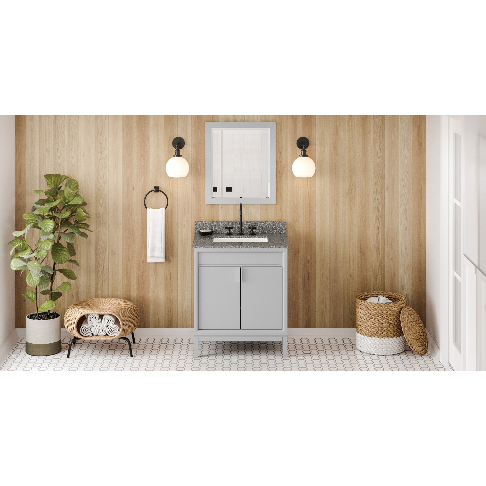 30" Grey Theodora Vanity, Boulder Cultured Marble Vanity Top, undermount rectangle bowl | KitchBath