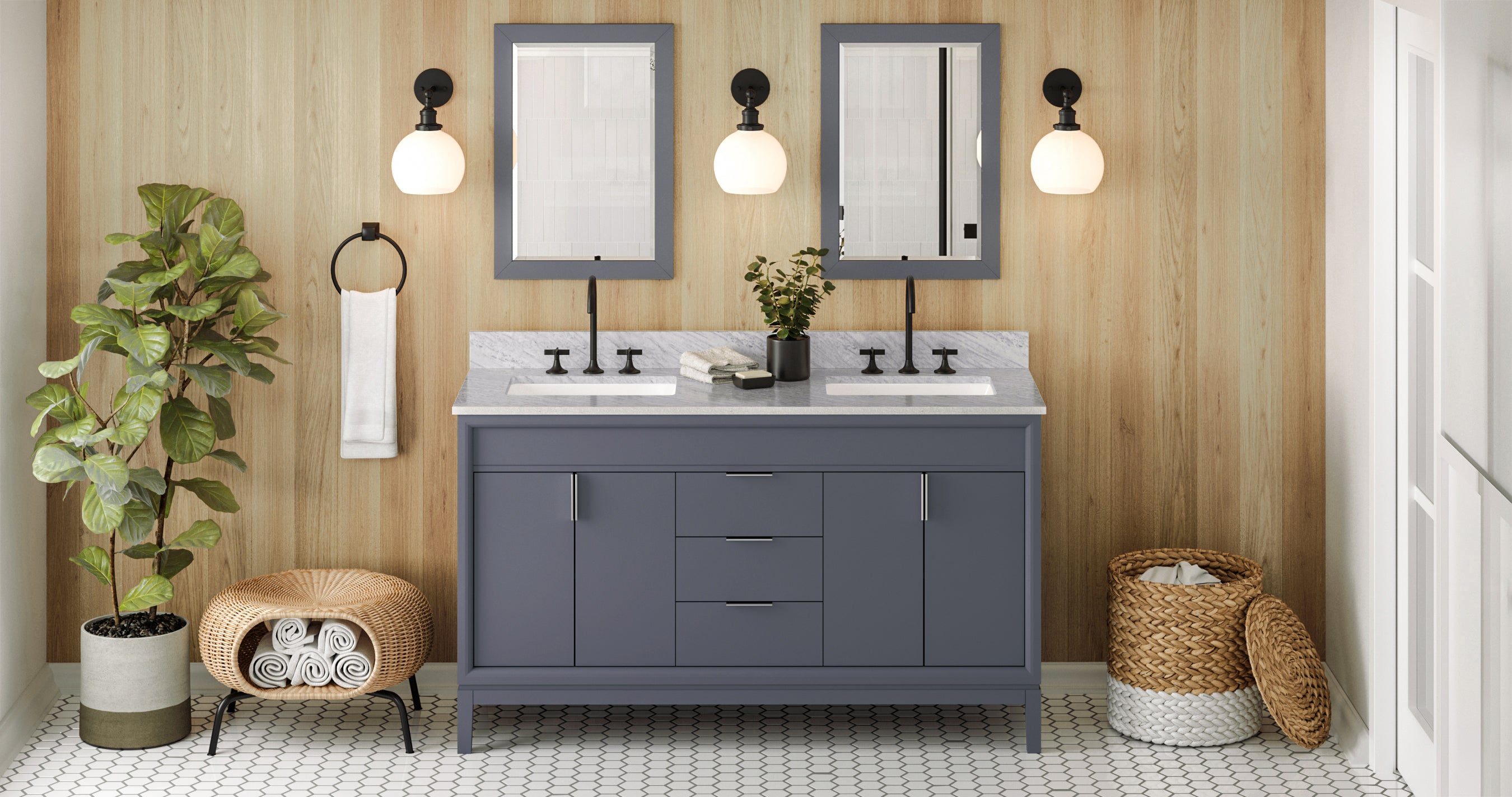 60" Blue Steel Theodora Vanity, double bowl, White Carrara Marble Vanity Top, two undermount rectangle bowls | KitchBath