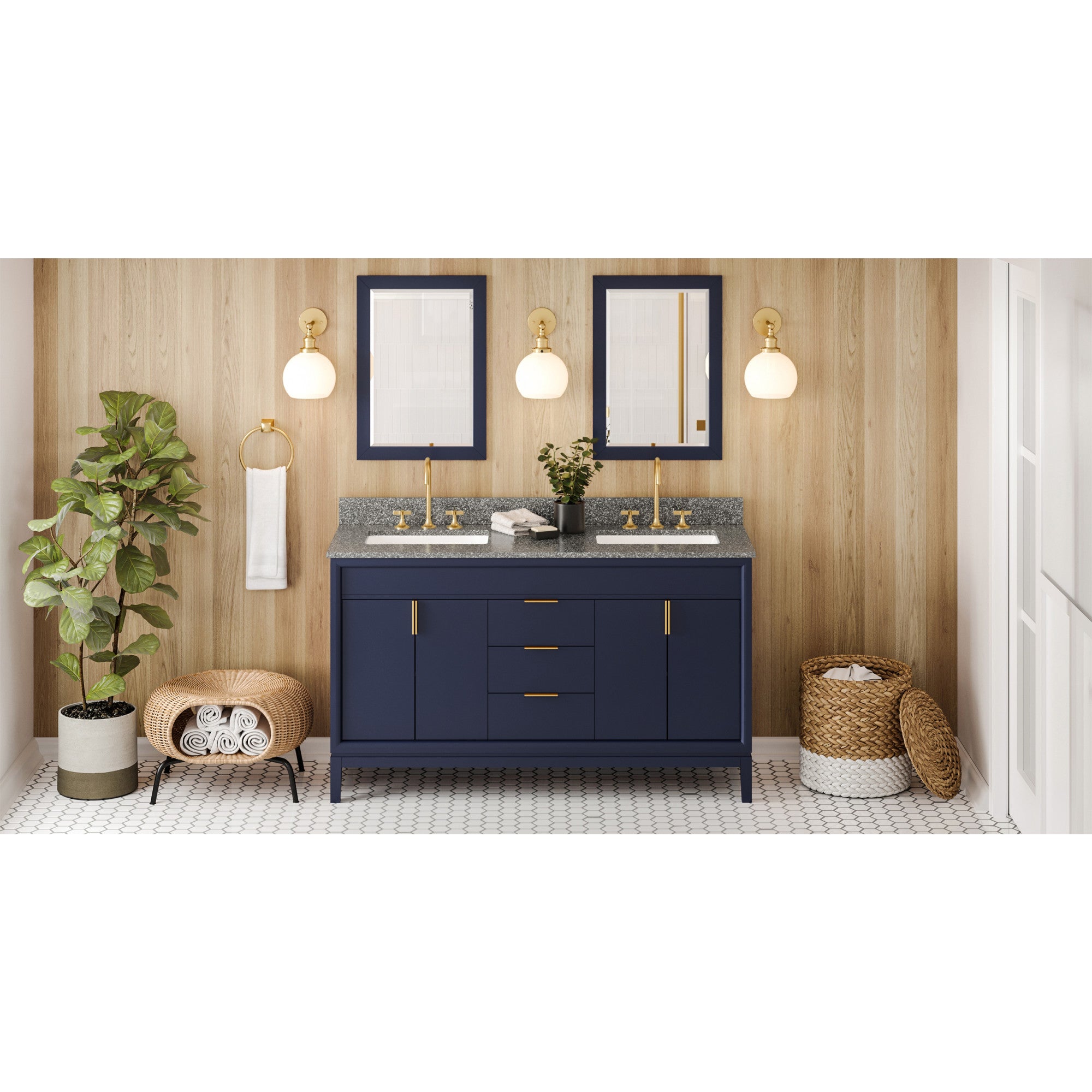 60" Hale Blue Theodora Vanity, double bowl, Boulder Cultured Marble Vanity Top, two undermount rectangle bowls | KitchBath