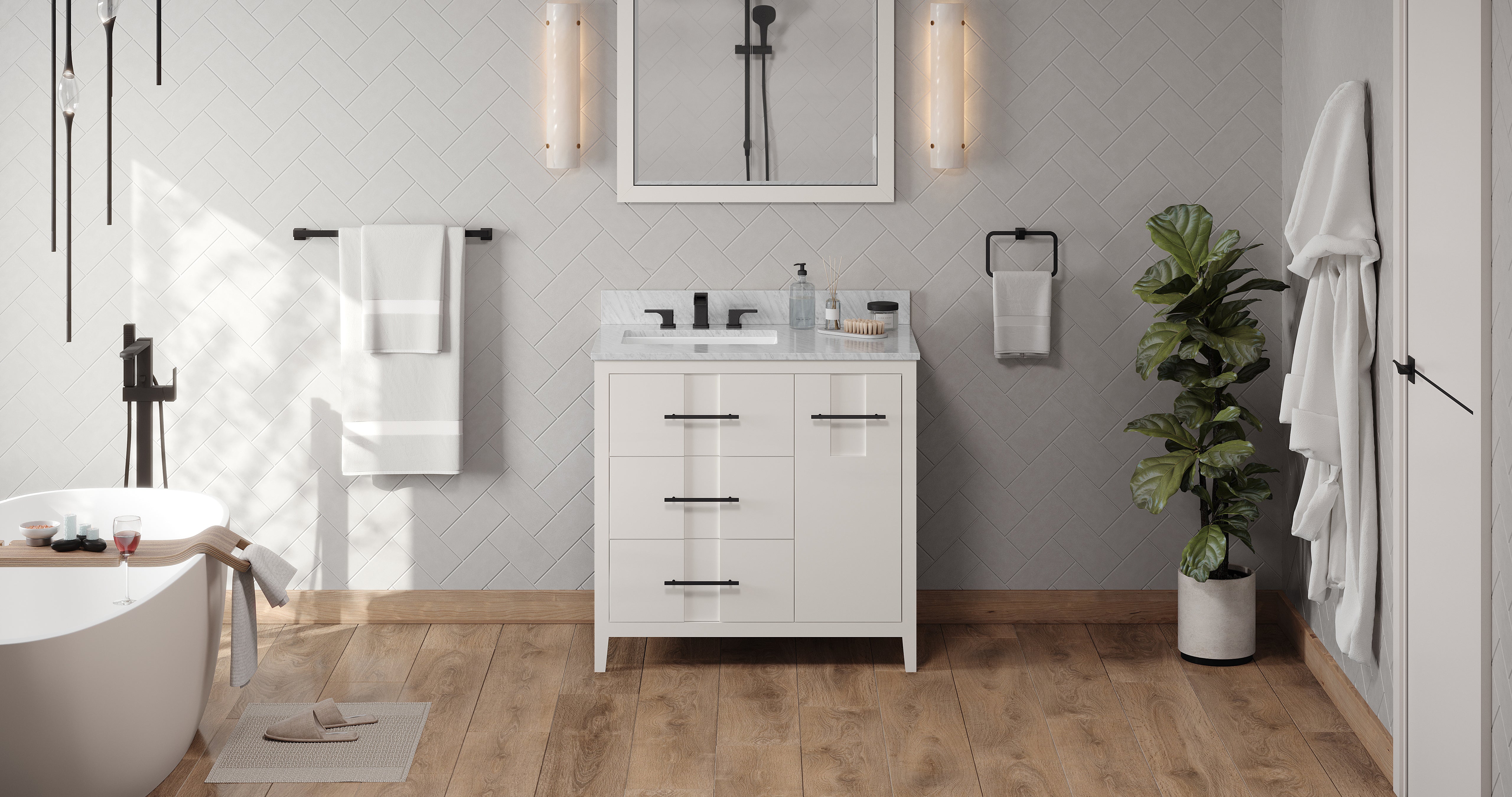 36" White Katara Vanity, left offset, White Carrara Marble Vanity Top, undermount rectangle bowl | KitchBath