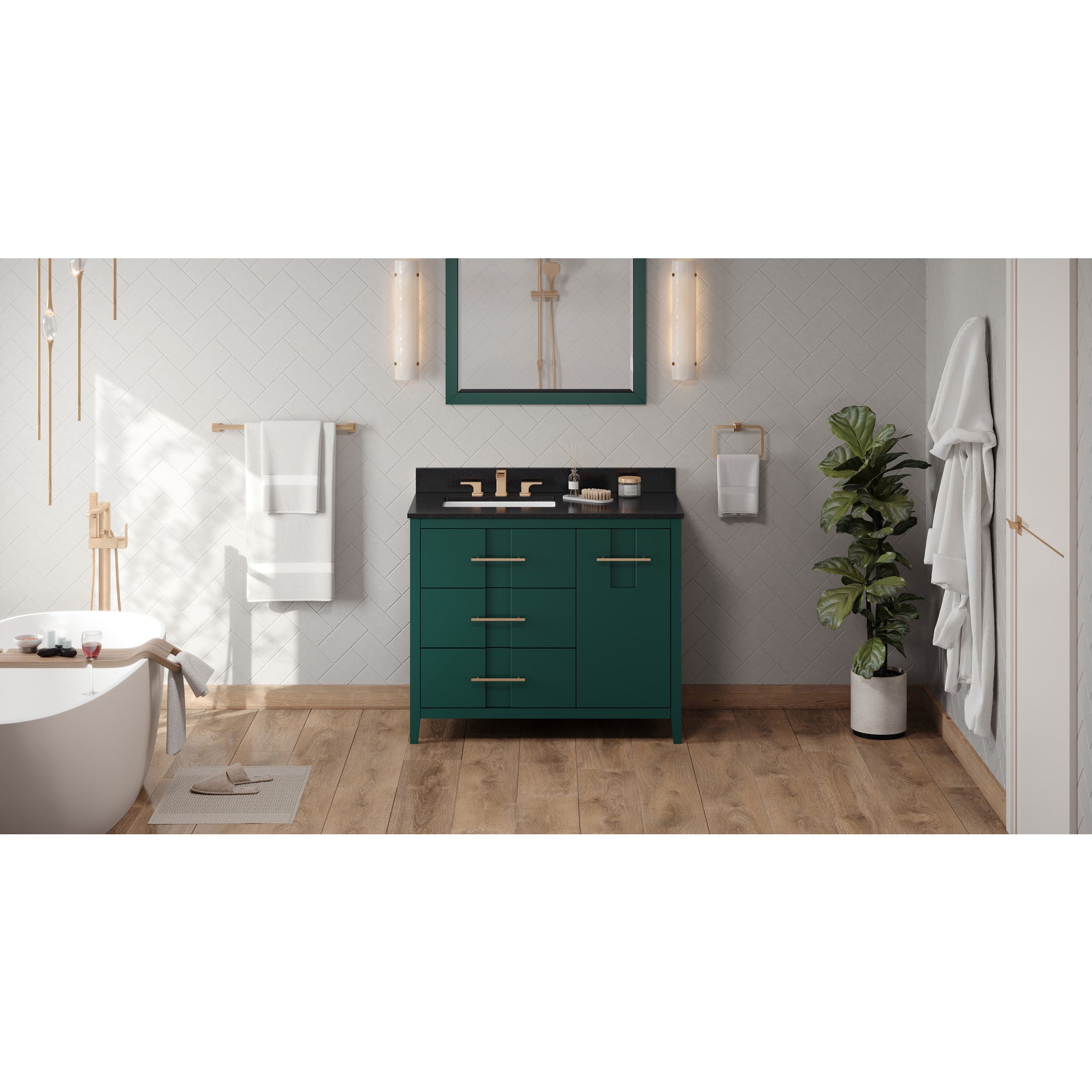 42" Forest Green Katara Vanity, left offset, Black Granite Vanity Top, undermount rectangle bowl | KitchBath