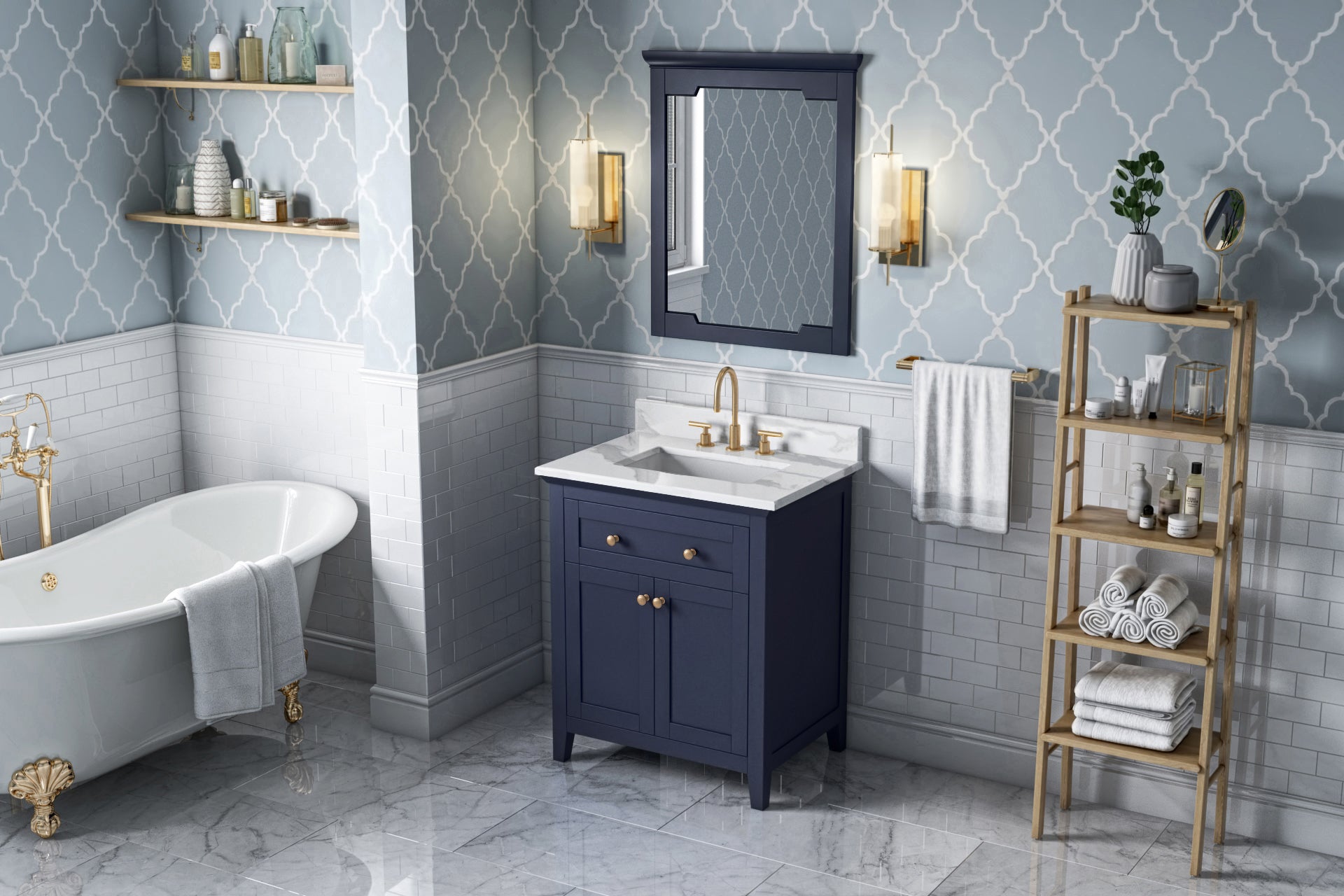30" Hale Blue Chatham Vanity, Calacatta Vienna Quartz Vanity Top, undermount rectangle bowl