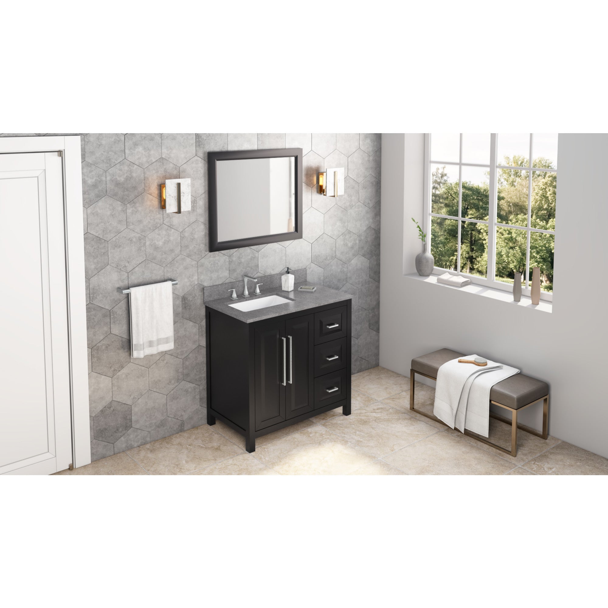 36" Black Cade Vanity, left offset, Steel Grey Cultured Marble Vanity Top, undermount rectangle bowl | KitchBath