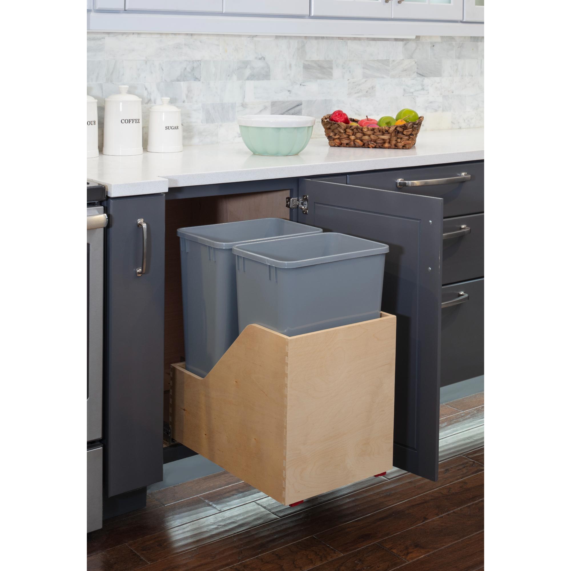 Double 50 Quart Wood Bottom-Mount Soft-close Trashcan Rollout for Hinged Doors, Includes Two Grey Cans | KitchBath