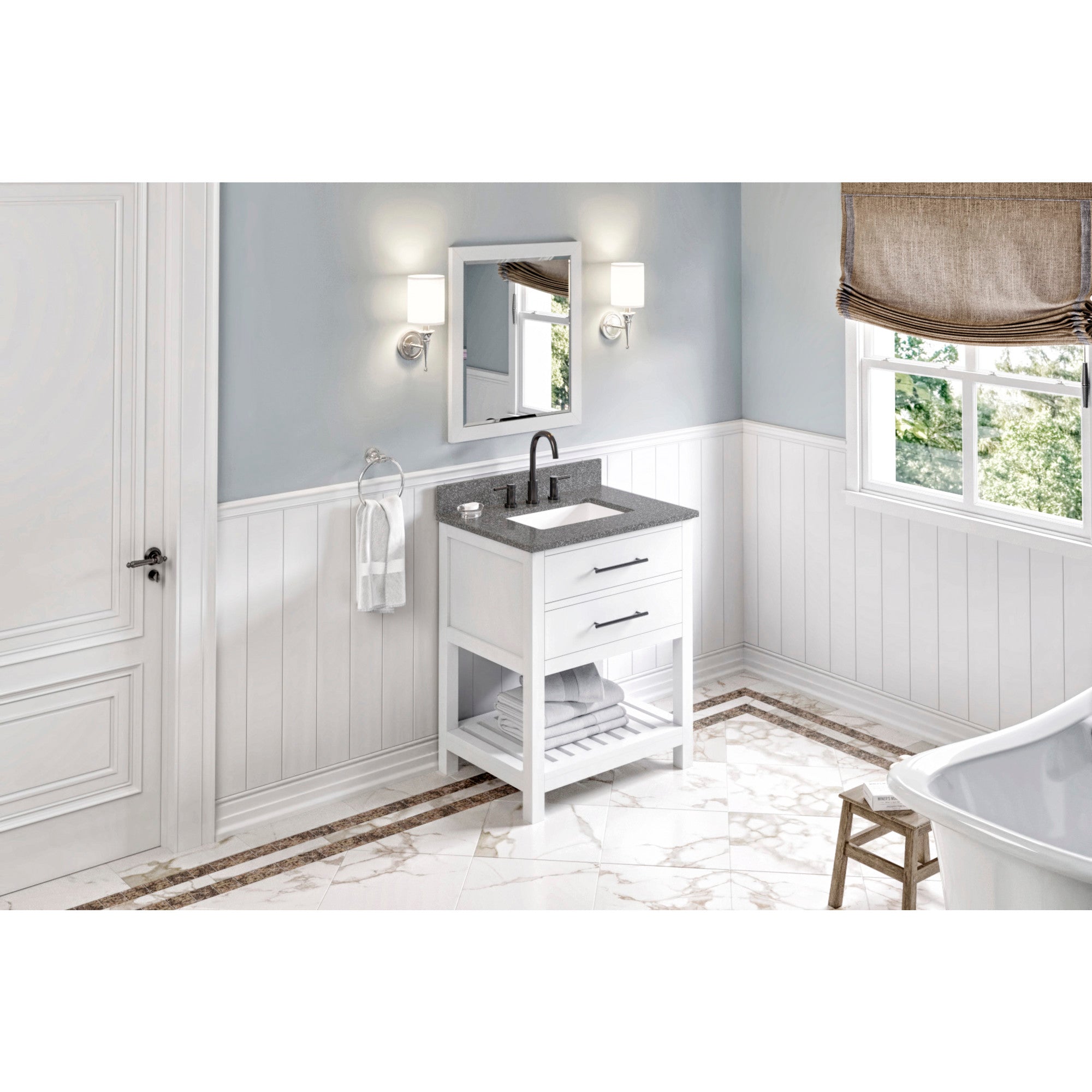 30" White Wavecrest Vanity, Boulder Cultured Marble Vanity Top, undermount rectangle bowl | KitchBath