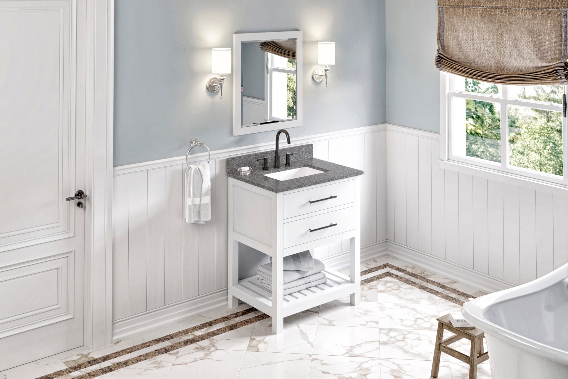 30" White Wavecrest Vanity, Boulder Cultured Marble Vanity Top, undermount rectangle bowl