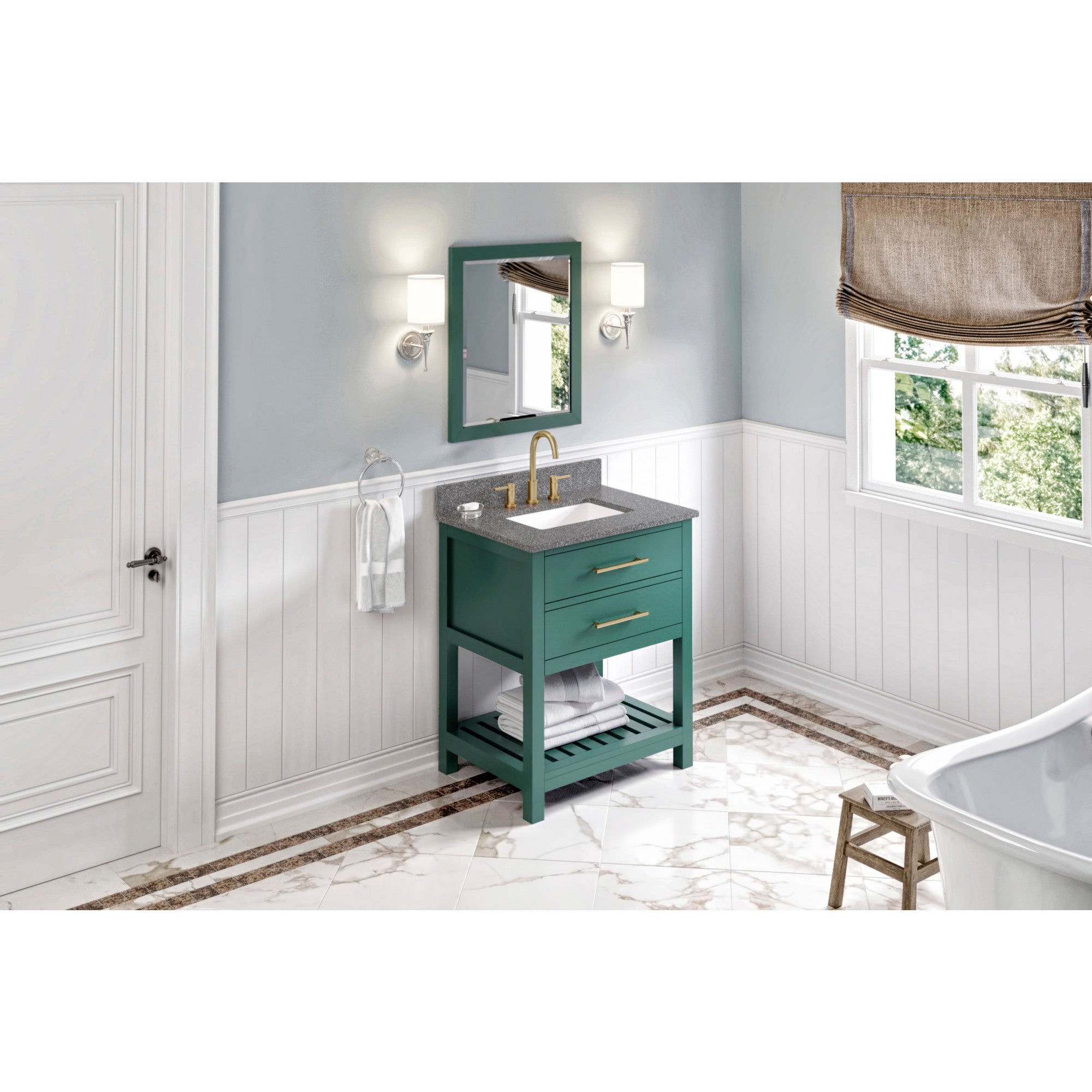 30" Forest Green Wavecrest Vanity, Boulder Cultured Marble Vanity Top, undermount rectangle bowl | KitchBath