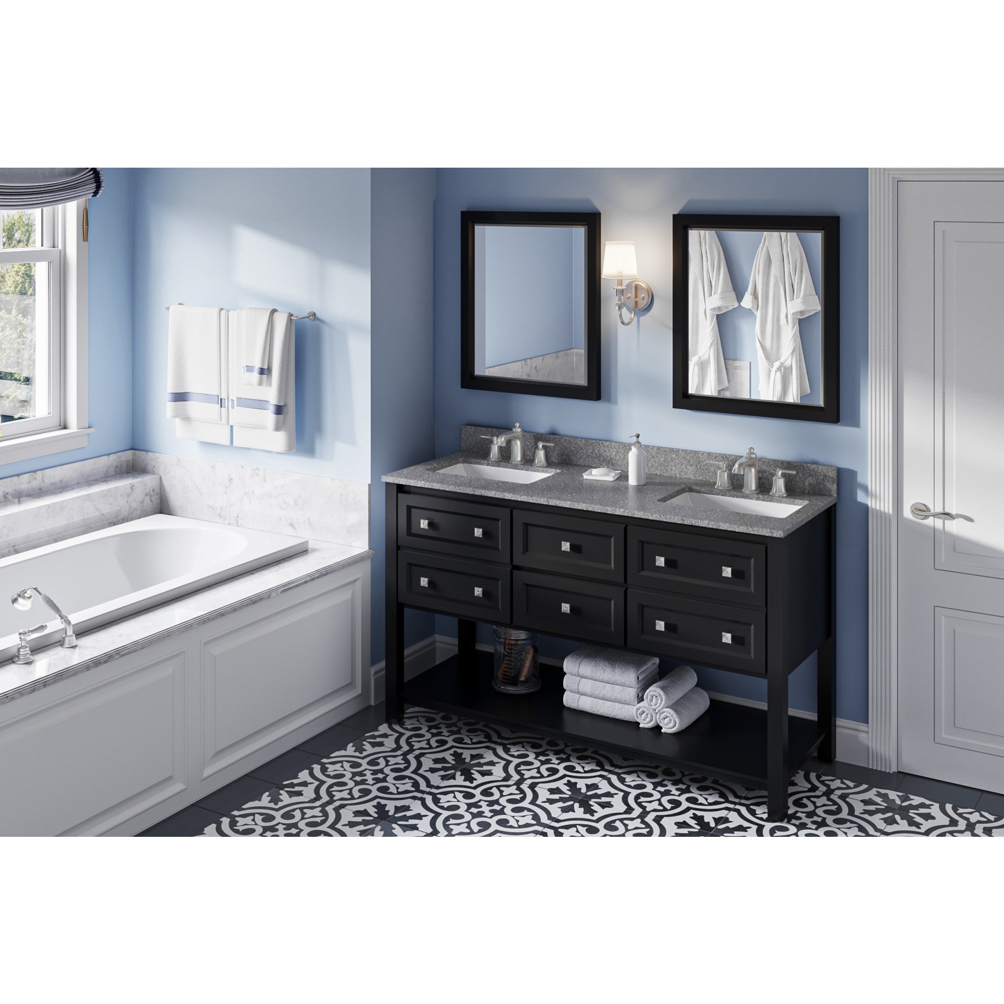 60" Black Adler Vanity, double bowl, Boulder Cultured Marble Vanity Top, two undermount rectangle bowls | KitchBath