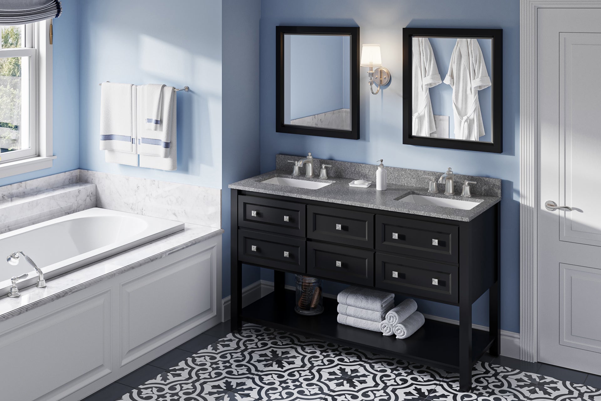 60" Black Adler Vanity, double bowl, Boulder Cultured Marble Vanity Top, two undermount rectangle bowls
