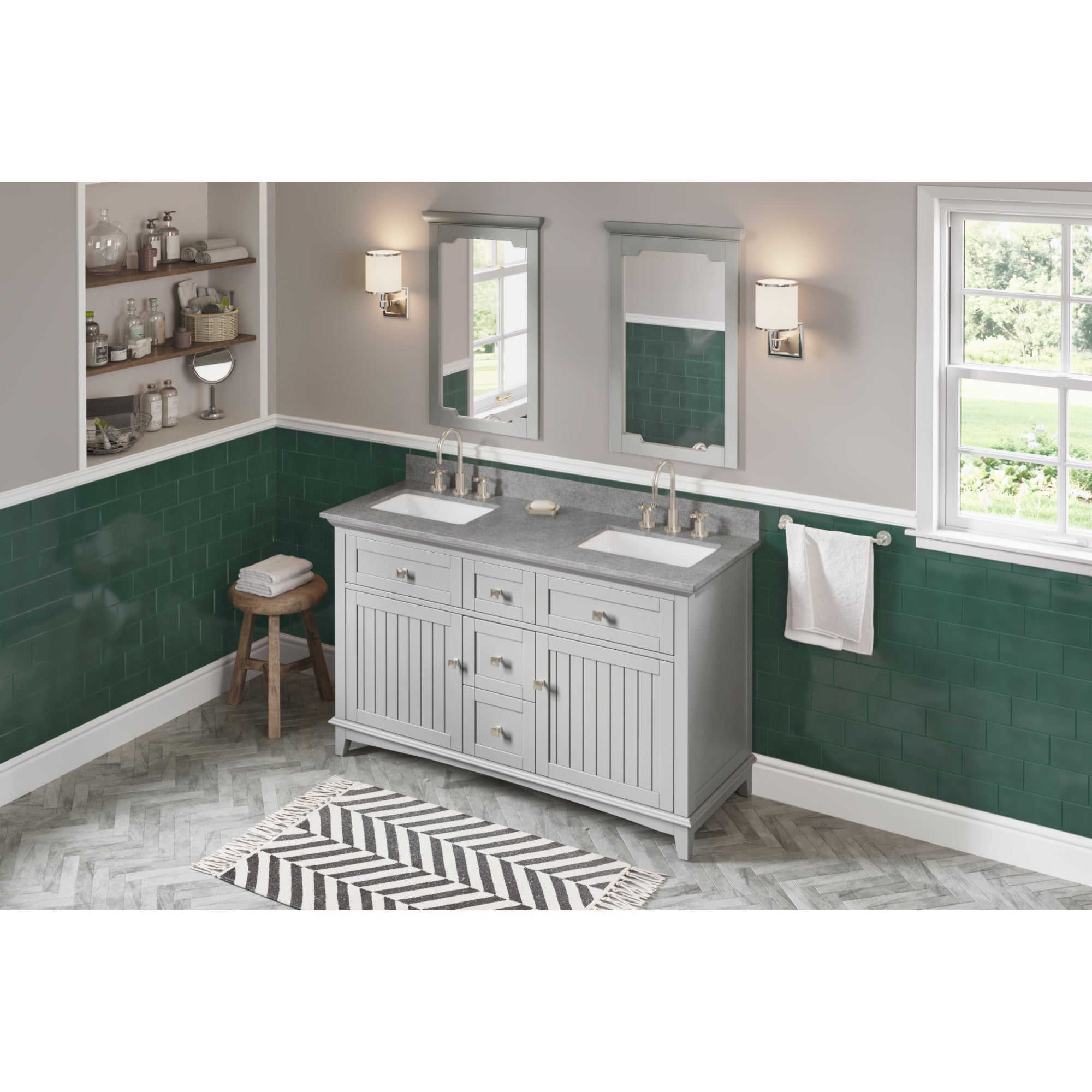 60" Grey Savino Vanity, double bowl, Steel Grey Cultured Marble Vanity Top, two undermount rectangle bowls | KitchBath