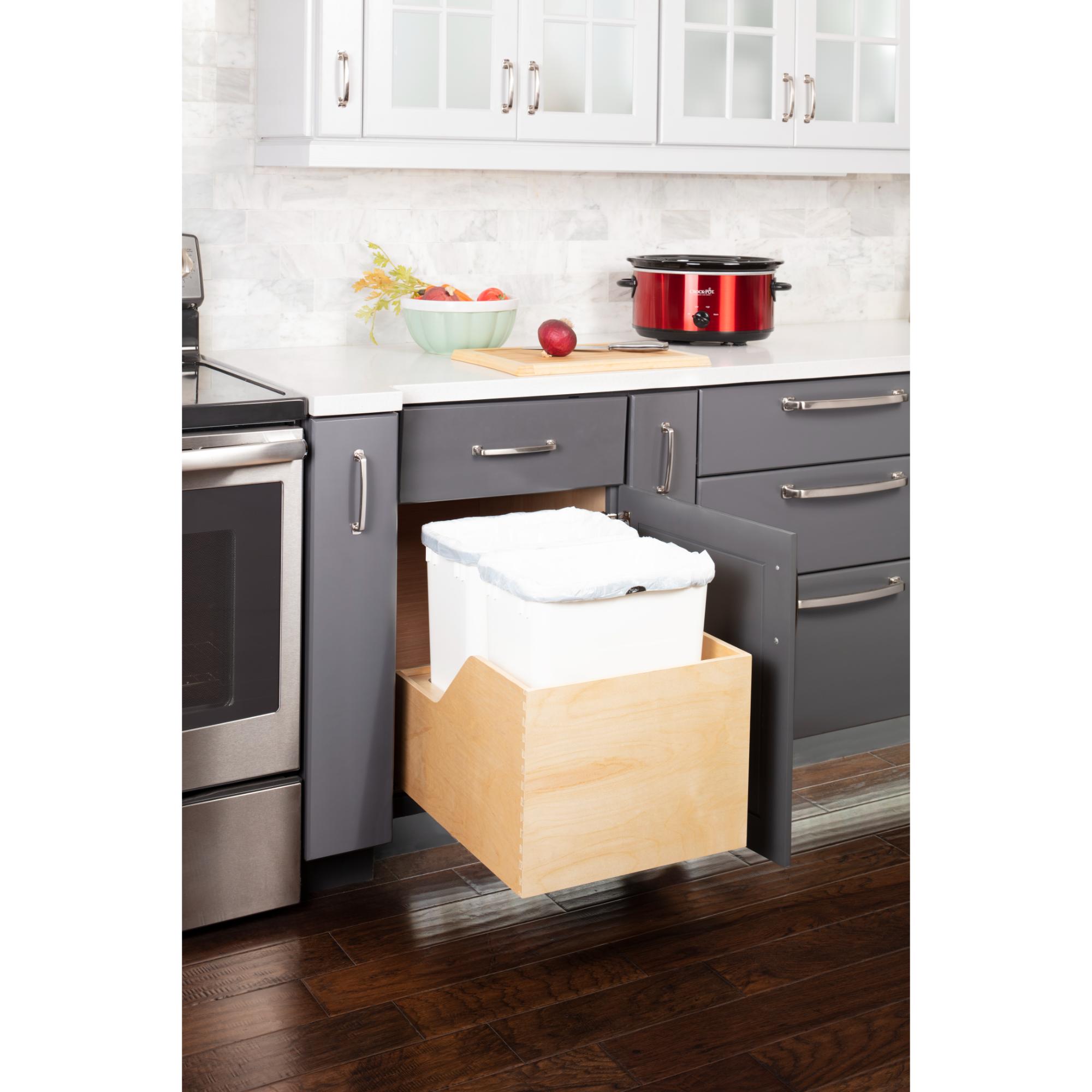 Double 35 Quart Wood Bottom-Mount Soft-close Trashcan Rollout for Hinged Doors, Includes Two White Cans | KitchBath
