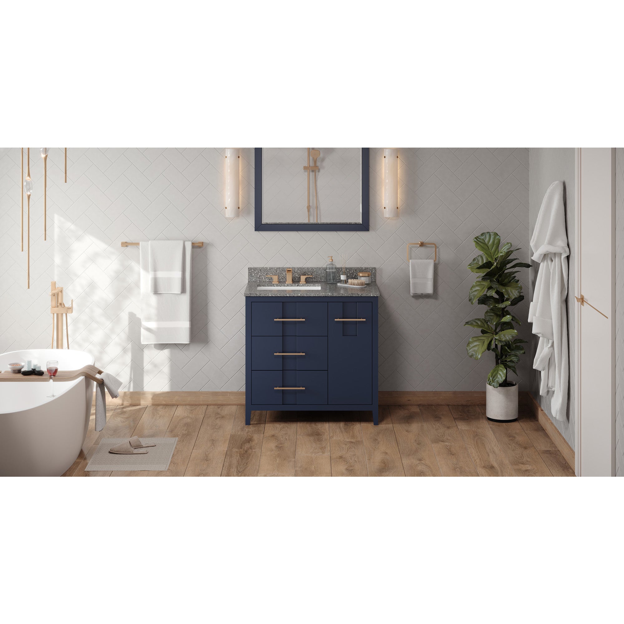 36" Hale Blue Katara Vanity, left offset, Boulder Vanity Cultured Marble Vanity Top, undermount rectangle bowl | KitchBath