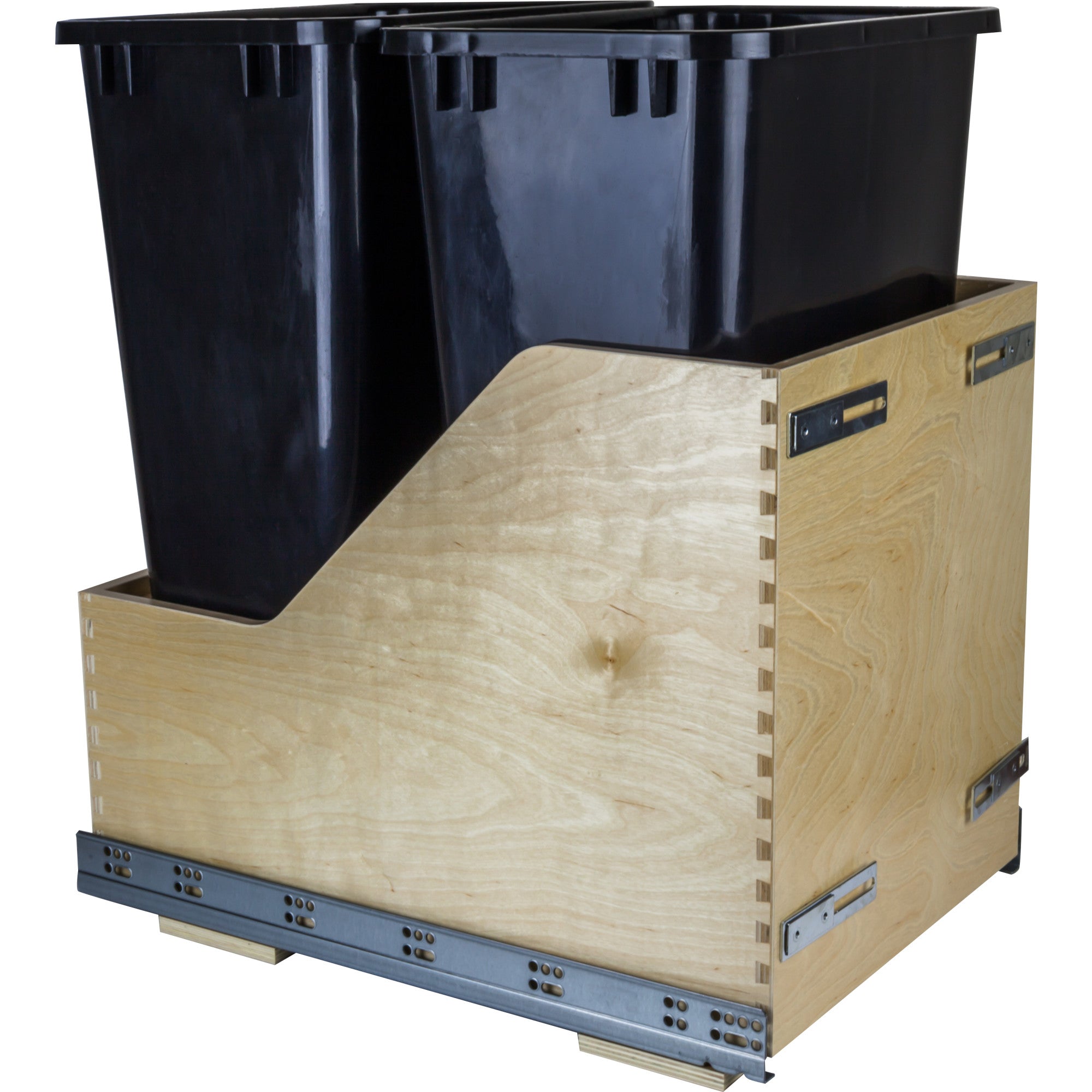 Double 50 Quart Wood Bottom-Mount Soft-close Trashcan Rollout for Door Mounting, Includes Two Black Cans | KitchBath