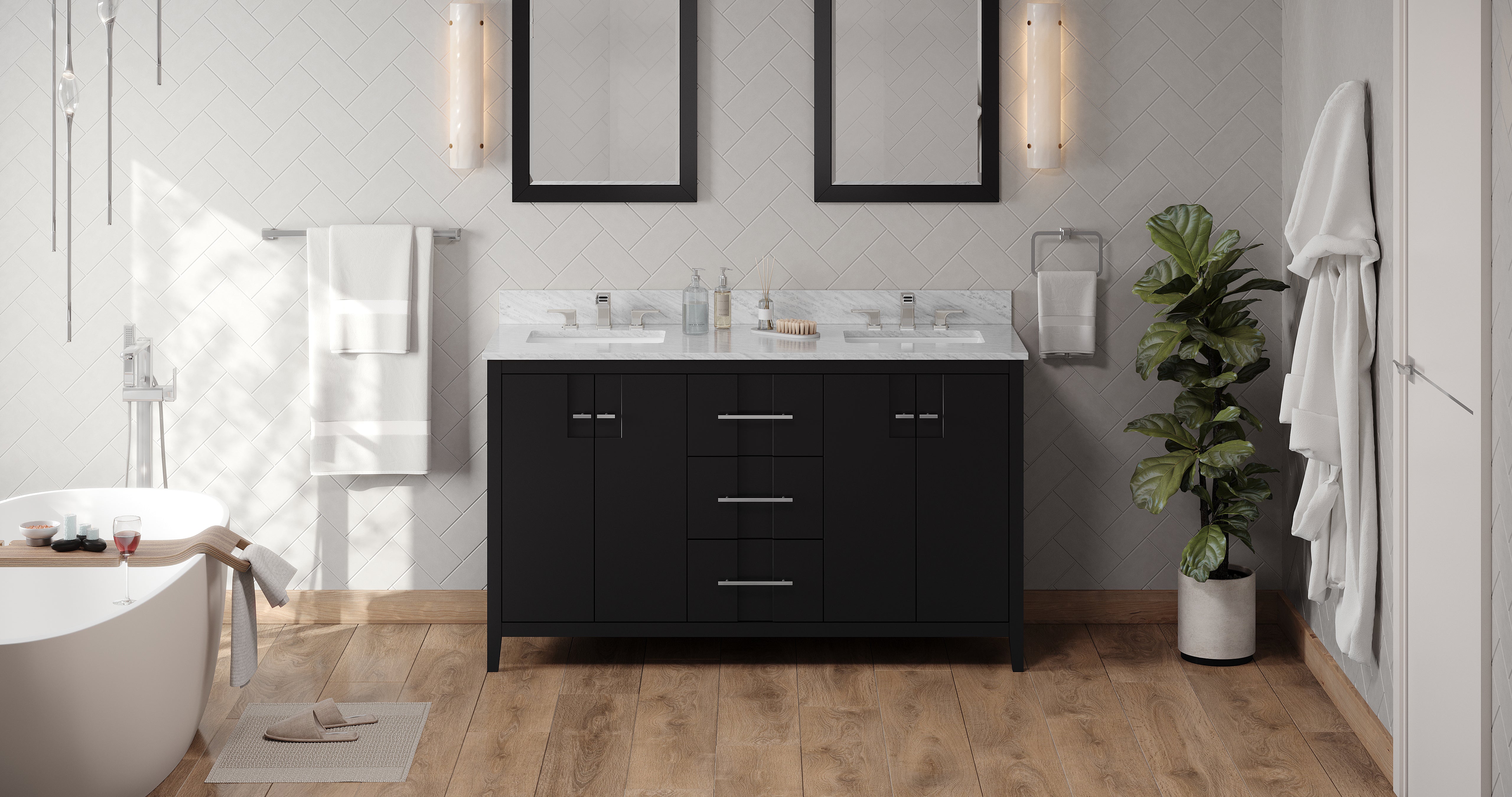 60" Black Katara Vanity, double bowl, White Carrara Marble Vanity Top, two undermount rectangle bowls | KitchBath