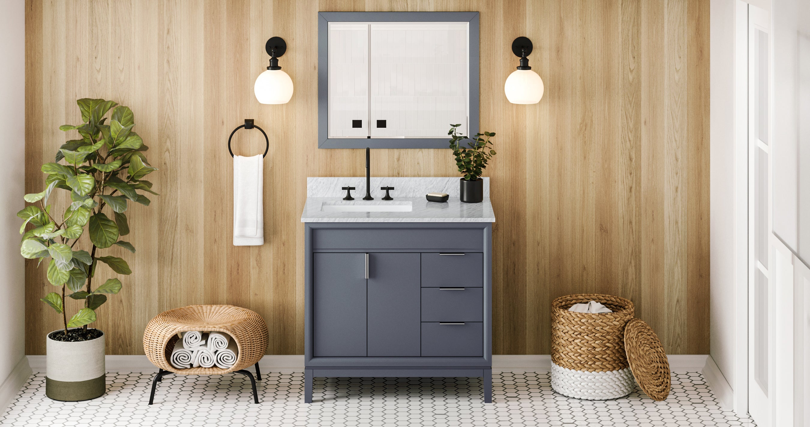 36" Blue Steel Theodora Vanity, left offset, White Carrara Marble Vanity Top, undermount rectangle bowl | KitchBath